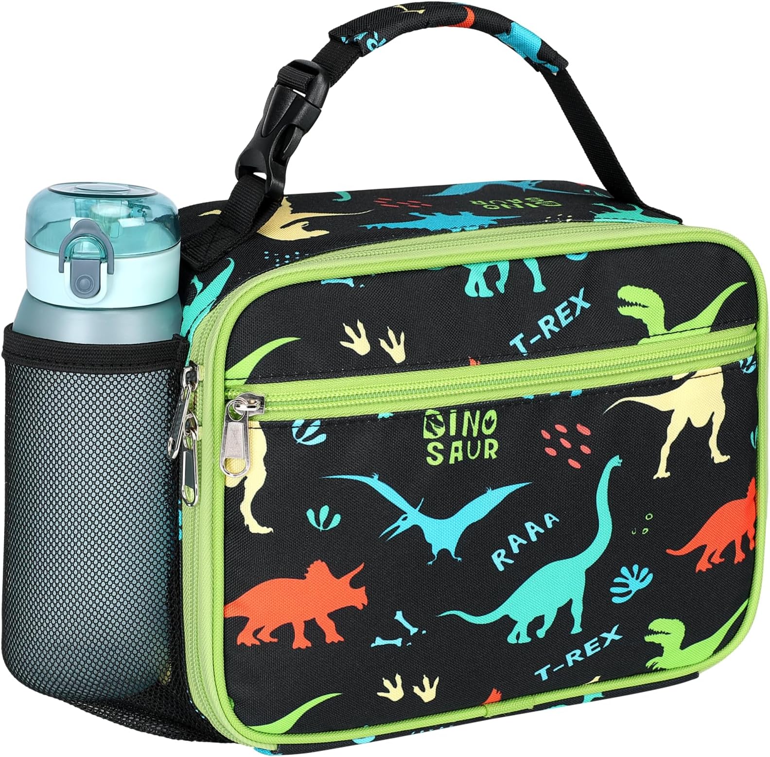Bagseri Kids Lunch Bag Boys - Insulated School Lunch Box with Bottle Holder, Portable Reusable Thermal Cooler Tote for Nursery, 6L Capacity, Black Dinosaur (Water Bottle Not Included)