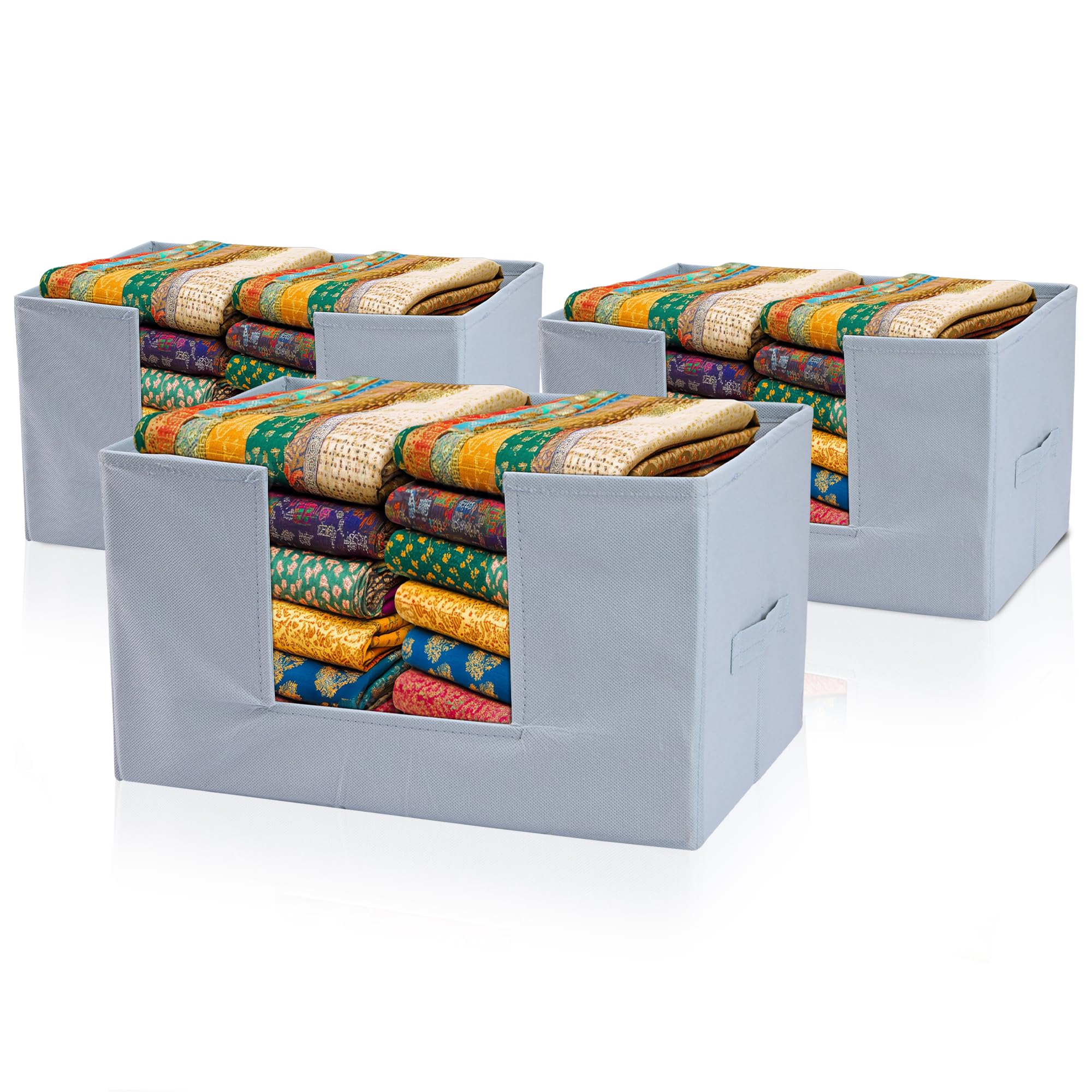 Kuber Industries 3 Pcs Cloth Organizer for Storage Wardrobe | Closet Storage Organizer with Handle | Drawer Saree Box Organiser with Handle | Folding Storage Box for Clothes | Plain | Grey