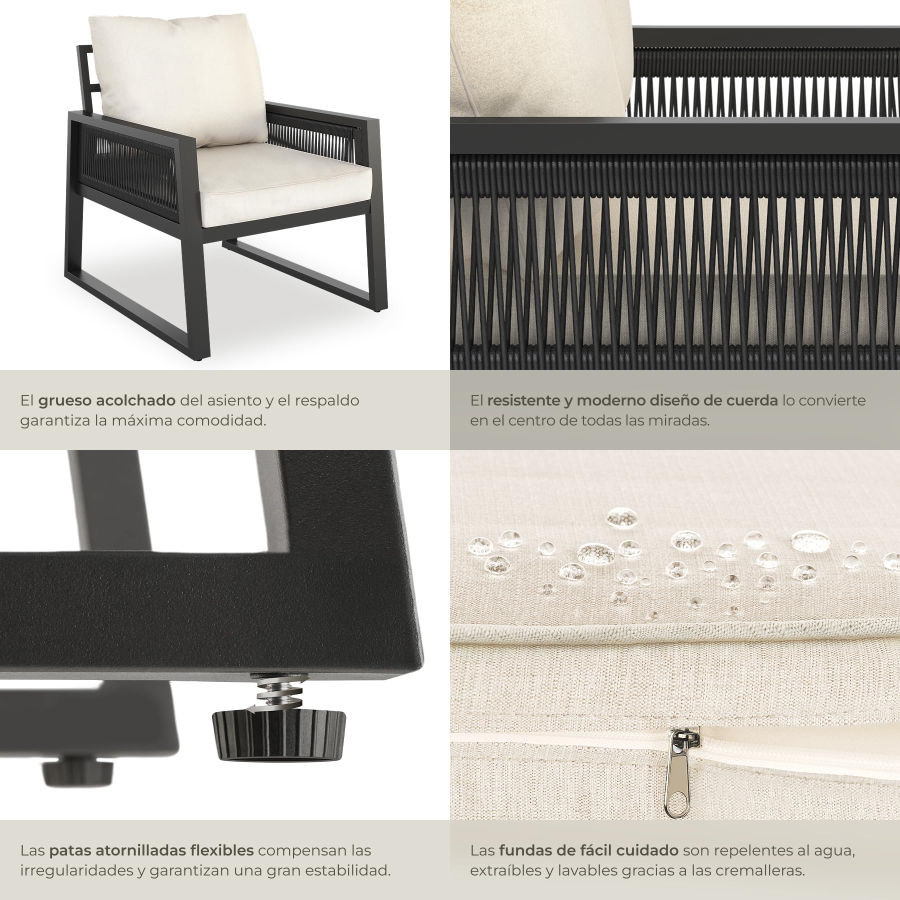 tectake® Conjunto Muebles de Jardín Exterior de Aluminio, Altura Regulable, Mesa y Sillas de Terraza Resistentes a Intemperie, Cojines Extragruesos, Fundas Extraíbles - 2 Sillones