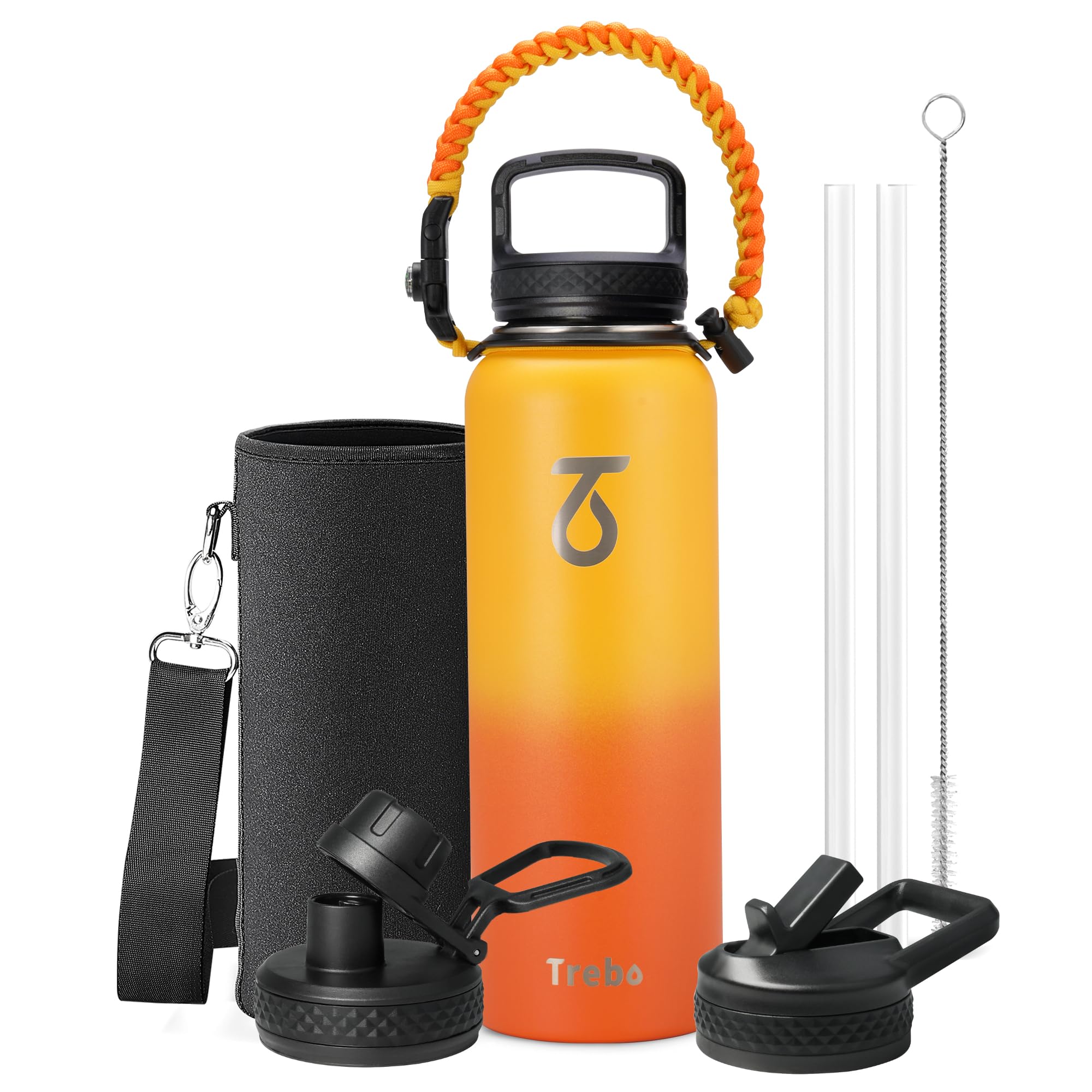 Trebo Wasserflasche mit 3 Deckeln und Griff, vakuumisoliert, Edelstahl, auslaufsicher, BPA-frei, hält 48 Stunden kalt, tolles Geschenk für Männer und Frauen, Urlaub, Orange