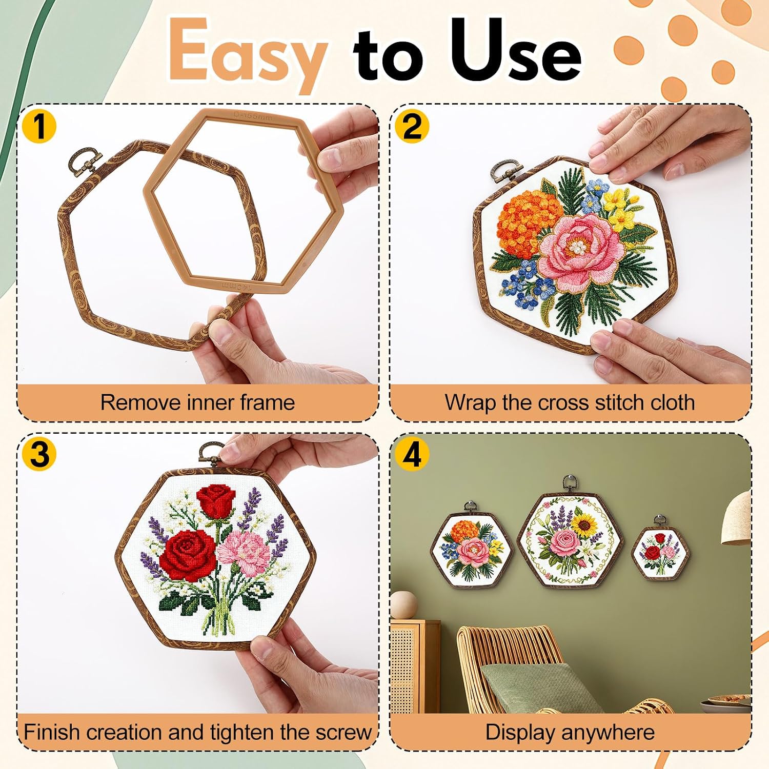 BrightRow 6 Pcs Large Embroidery Hoop Set Decorative Imitated Wood Display Frame Cross Stitch Hoop Ring for Art Craft DIY Sewing and Hanging Ornaments Decor(Hexagon,10.5+15.5+21 cm)