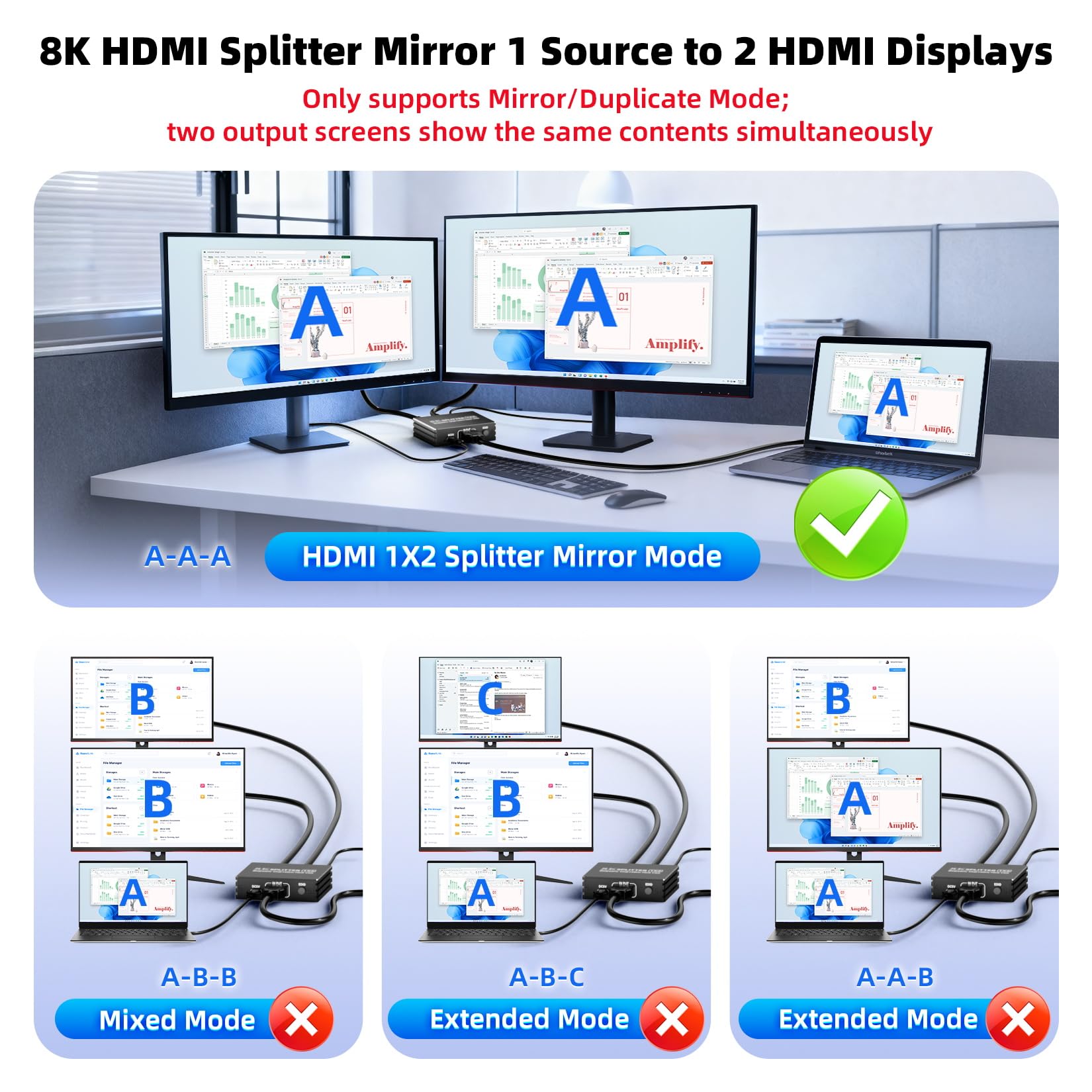 Splitter HDMI 2.1 1 in 2 Out 4K 120Hz 8K 60Hz con audio, BolAAzuL 1x2 HDMI Distributore 1 su 2 monitor duplicati contemporaneamente, Powered, Plug & Play, latenza zera, HDCP 2.3 HDR per PS5/Xbox/PC/TV