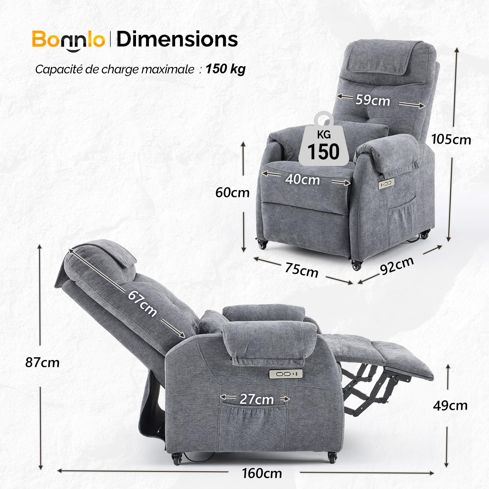 Bonnlo Fauteuil Massant, Fauteuil de Relaxation avec 6 Points de Massage et Chauffage, Dossier et Repose-Pieds Réglable Automatiquement, Équipé d'un Appui-tête et Un Coussin, Gris Foncé, Tissu