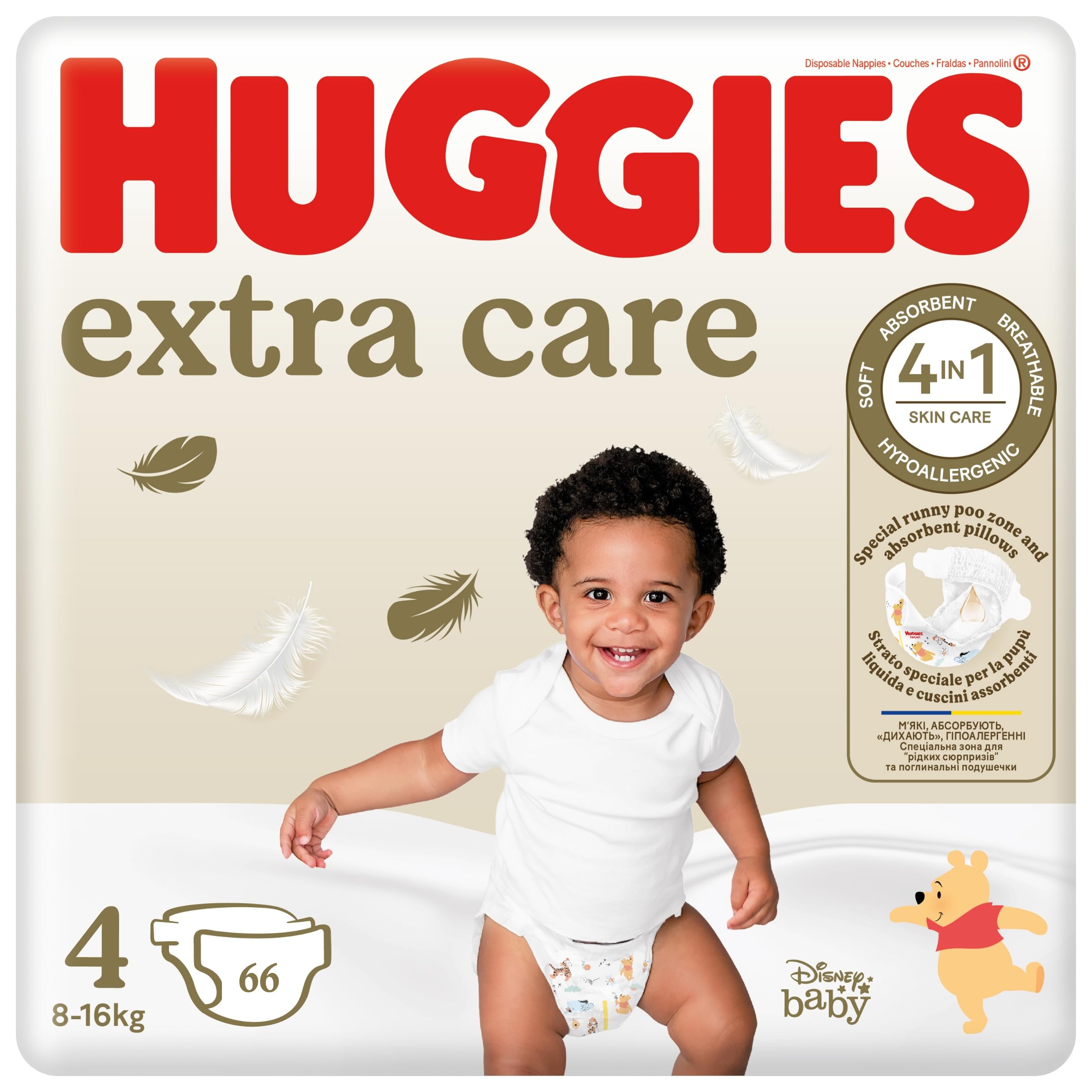 Huggies Extra Care, Pannolini Taglia 4 (7-18 Kg), Ultra assorbente, Pacco Scorta, 66 Pz