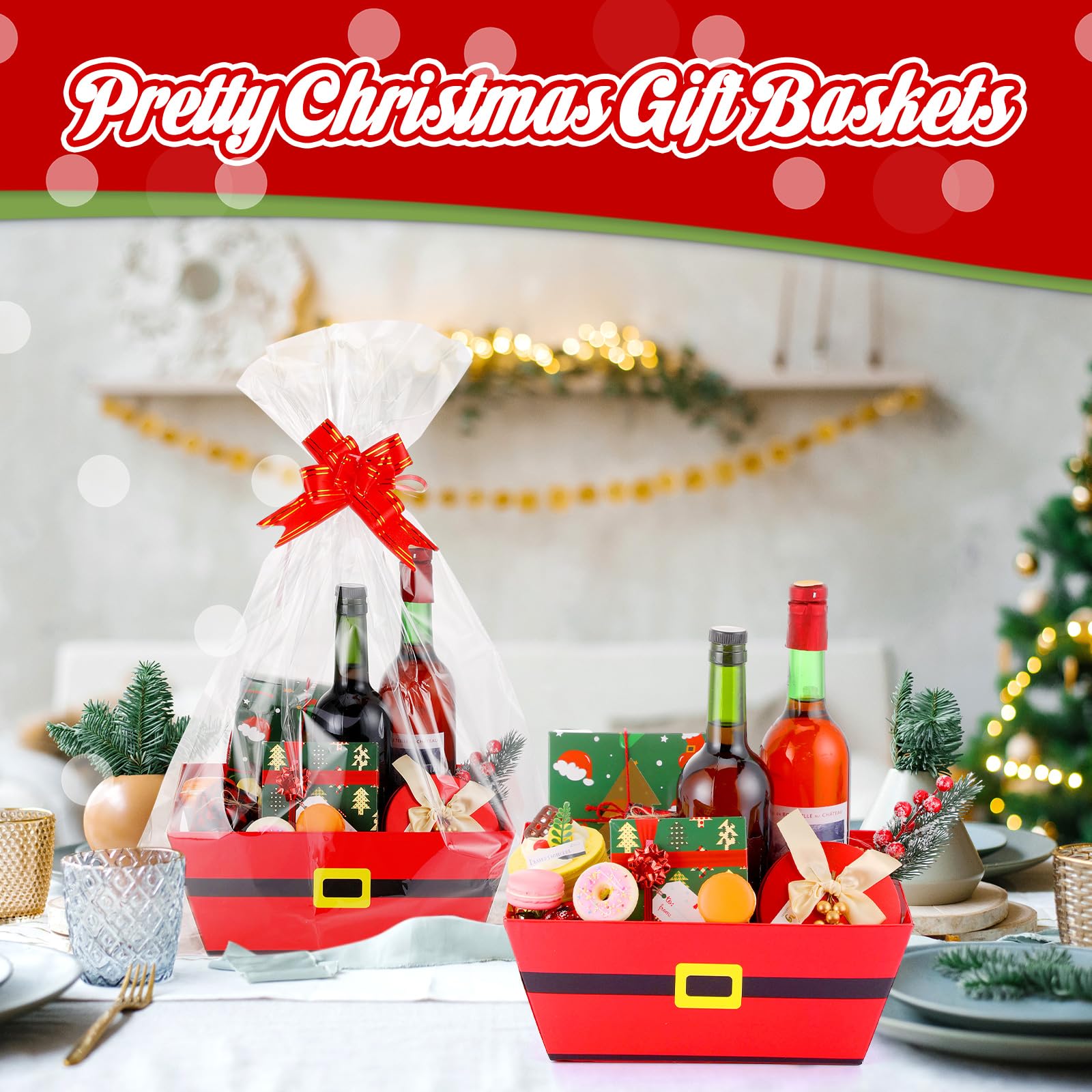 Sliner 12 Stück 25,4 x 30,5 cm große Körbe für Geschenke, leer, Weihnachtsmann-Gürtel, Weinkorb, Geschenk-Set mit Geschenktüten und roten Schleifen, roter Pappkorb, leer zum Befüllen für Geschenk,