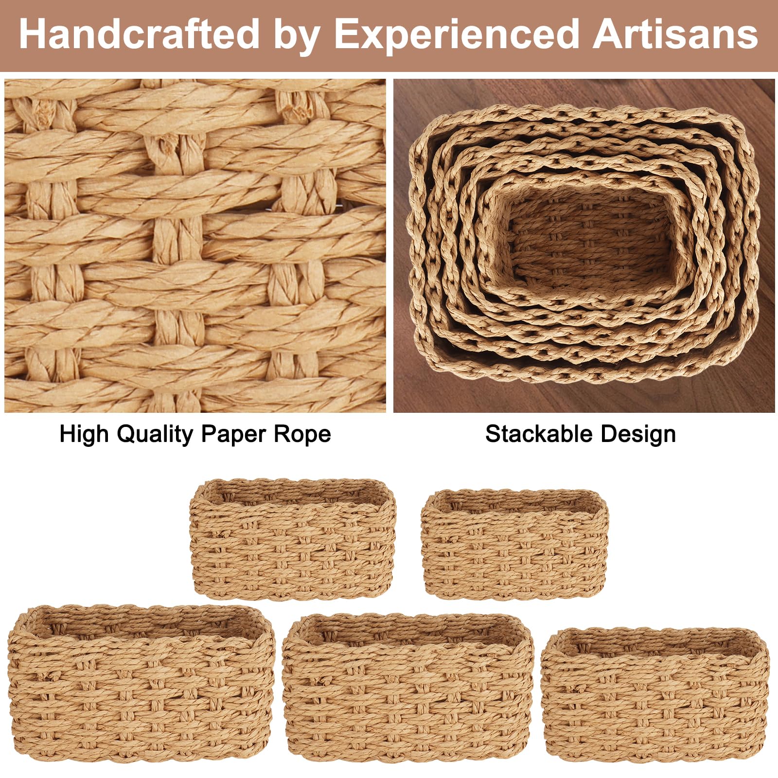 Panier Rangement en Tissée en Corde de Papier 5PCS,Boho Paniers de Décoration,Panier de Rangement Empilable,Pour le salon,la chambre à coucher,la salle de bain et la cuisine