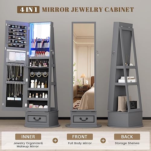 Miniatura 6 de Vlsrka Armario de joyería con espejo, armario giratorio de 360 con espejo de longitud completa, espejo con cerradura con almacenamiento de joyas,
