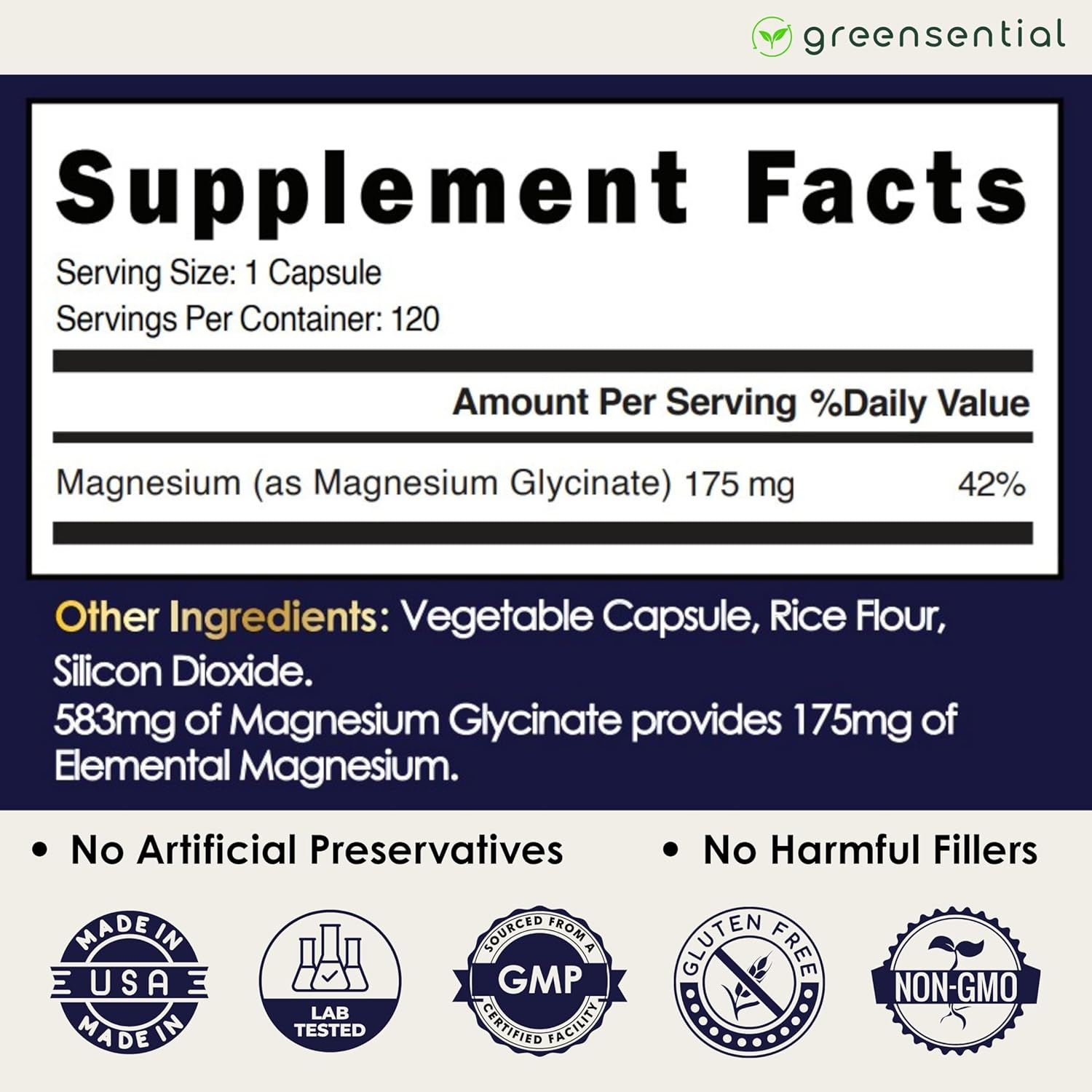 Greensential Pure Magnesium Glycinate | 4-Month Supply, 1 Capsule per Serving | Made in USA | Supports Sleep, Muscle & Heart Health | 100% Chelated, Heavy-Metal Tested, Vegan, 120 Capsules