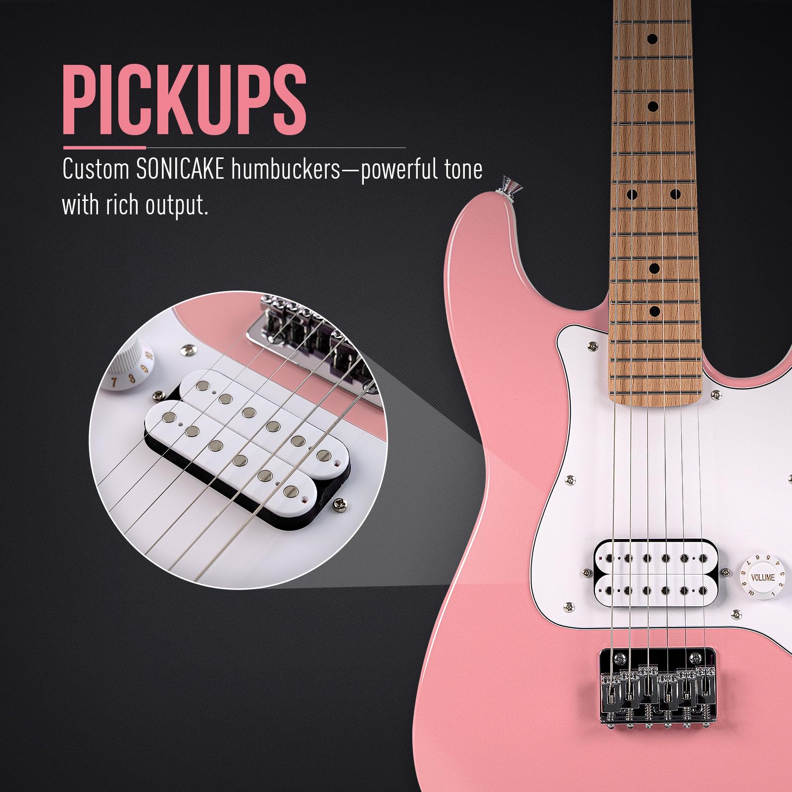 SONICAKE Chitarra Elettrica 30" per Principianti, Corpo in Legno Massello con Pickup Humbucker, Manico e Tastiera in Legno di Un Pezzo QGT-50 (Rosa)