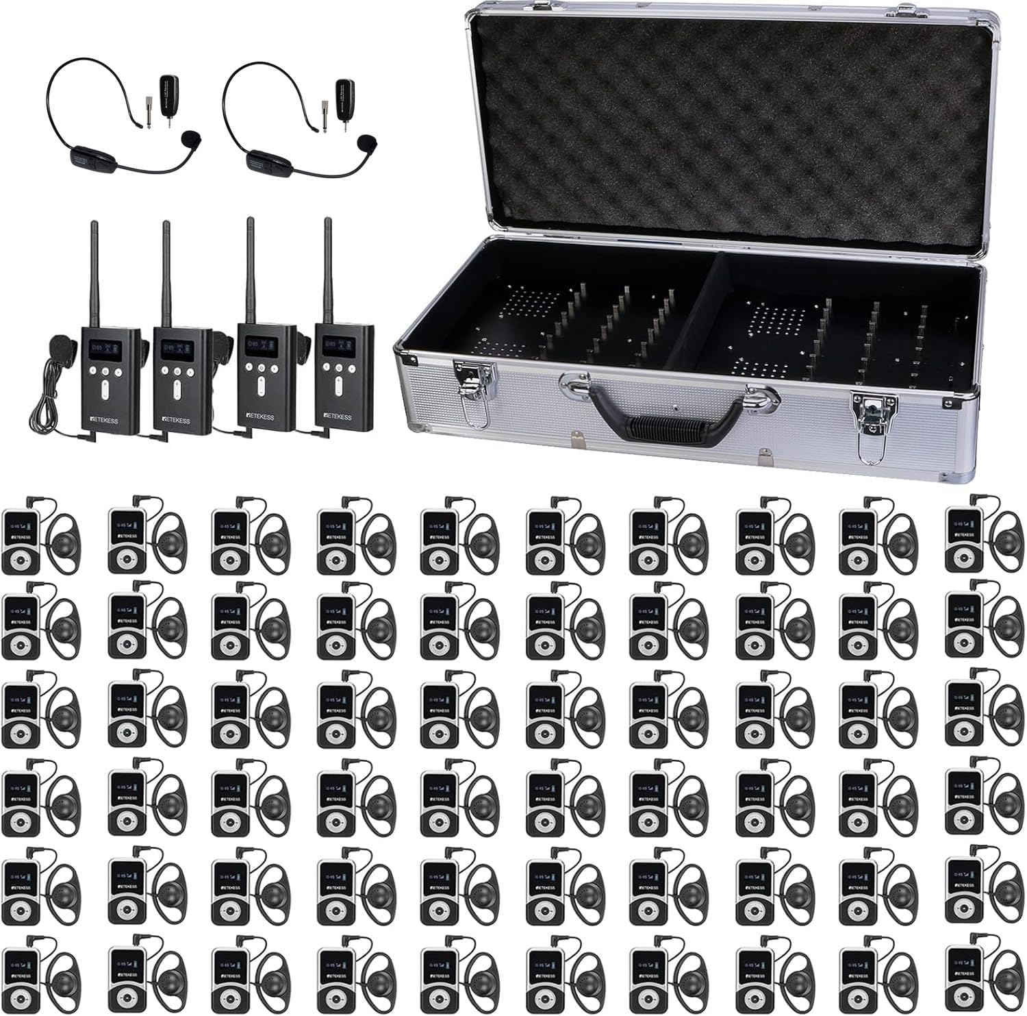 Retekess T130S (T130 2rd) Wireless Tour Guide System, Sistema di Guida Turistica, 100M, con un Pulsante Mute, con 2 Microfoni TT123, Con Scatola di Ricarica da 64 Slot, Per Visite Turistiche, Fabbrica