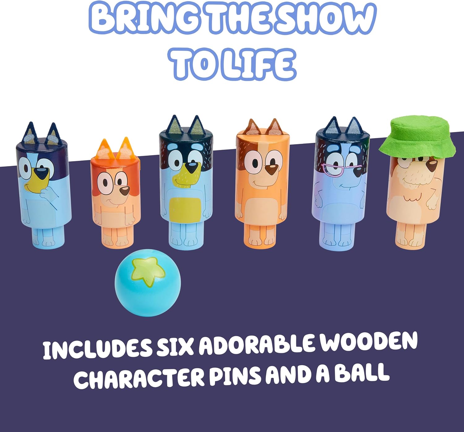 Bluey 8th Wonder Wooden Skittles Game Set, Toy Bowling Set with 6 Character Pins and 1 Bowling Ball, Indoor/Outdoor Play Toys for Toddler Ages 3+