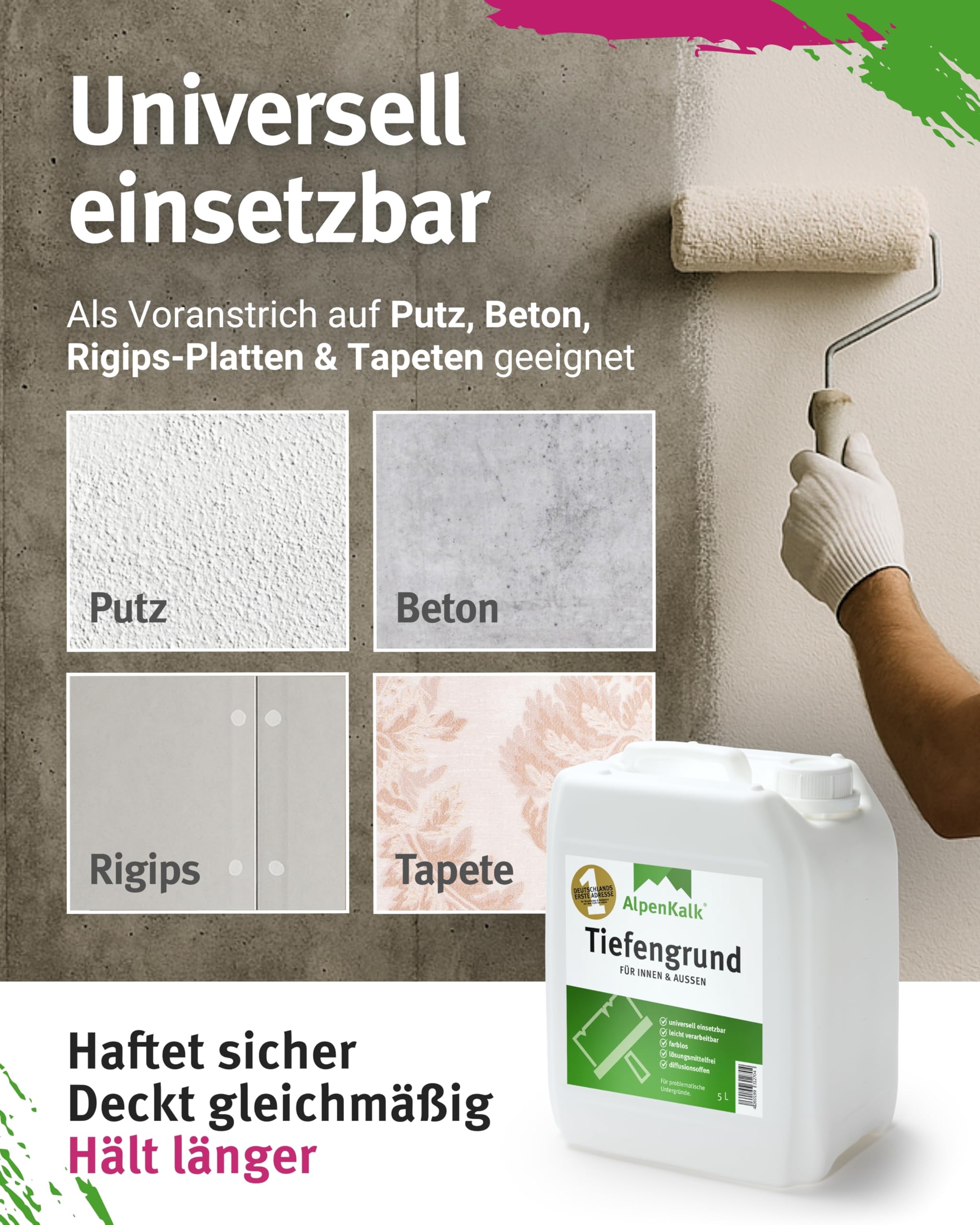 Tiefengrund I 5 L für ca 50 m² | Atmungsaktive Grundierung für innen & außen | Lösungsmittelfrei, geruchsarm & farblos | Optimale Haftung & gleichmäßige Oberfläche