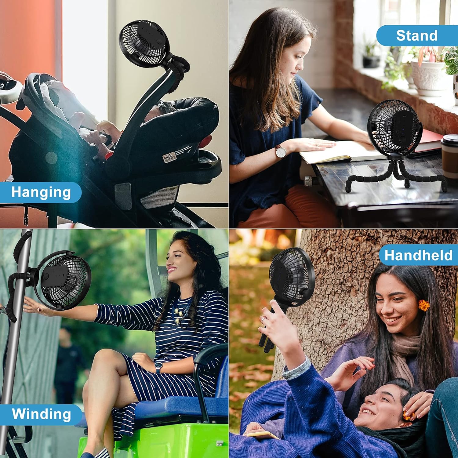 HOUCAE Stroller Fan Flexible Tripod on Fan with Ultra Quiet, 3 Speed, Portable Handheld USB Clip Fan, Personal Fan for Bedroom, Office Desk, Car Seat, Crib Bike, Treadmill etc. : Everything Else