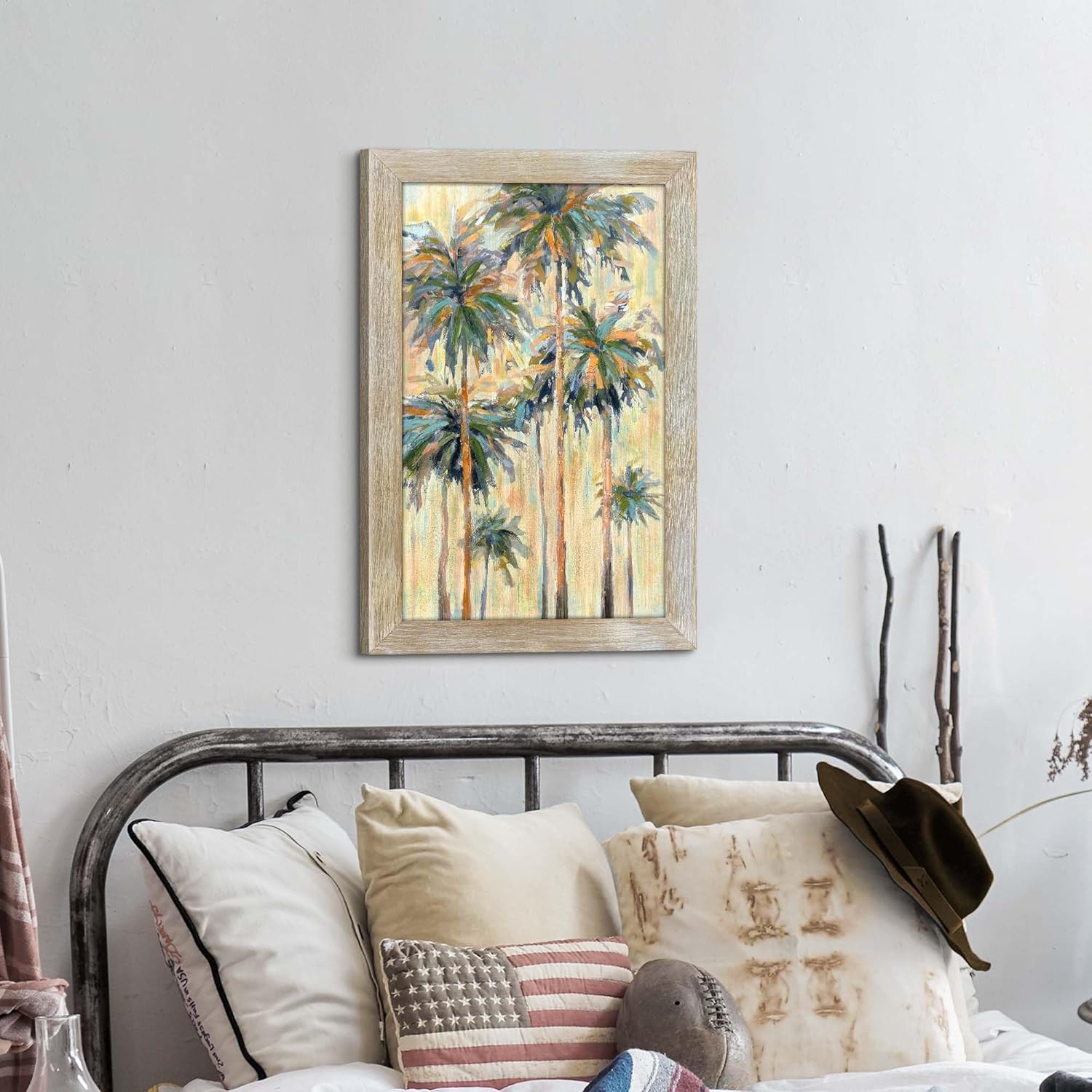 Palm Trees Wood Framed Art: Coastal Beach Seascape Wall Picture Artwork Tropical Ocean Scene Painting Abstract Scenery Print for Rustic Living Room Bedroom Bathroom Home Office 24"x16"