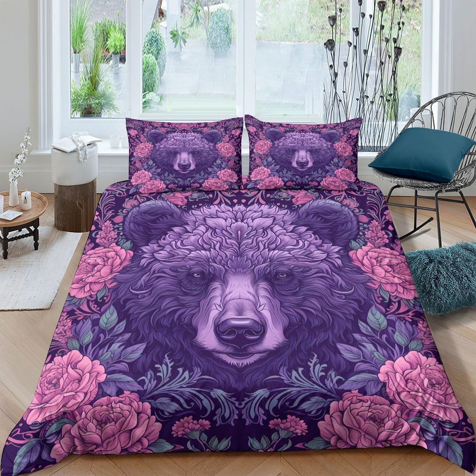 TUFRTGYHN 3D Printed Purple Bear Duvet Cover Microfiber Soft Floral Bedding Set with 2 Pillowcases for Bedroom Decor, Single（135x200cm）