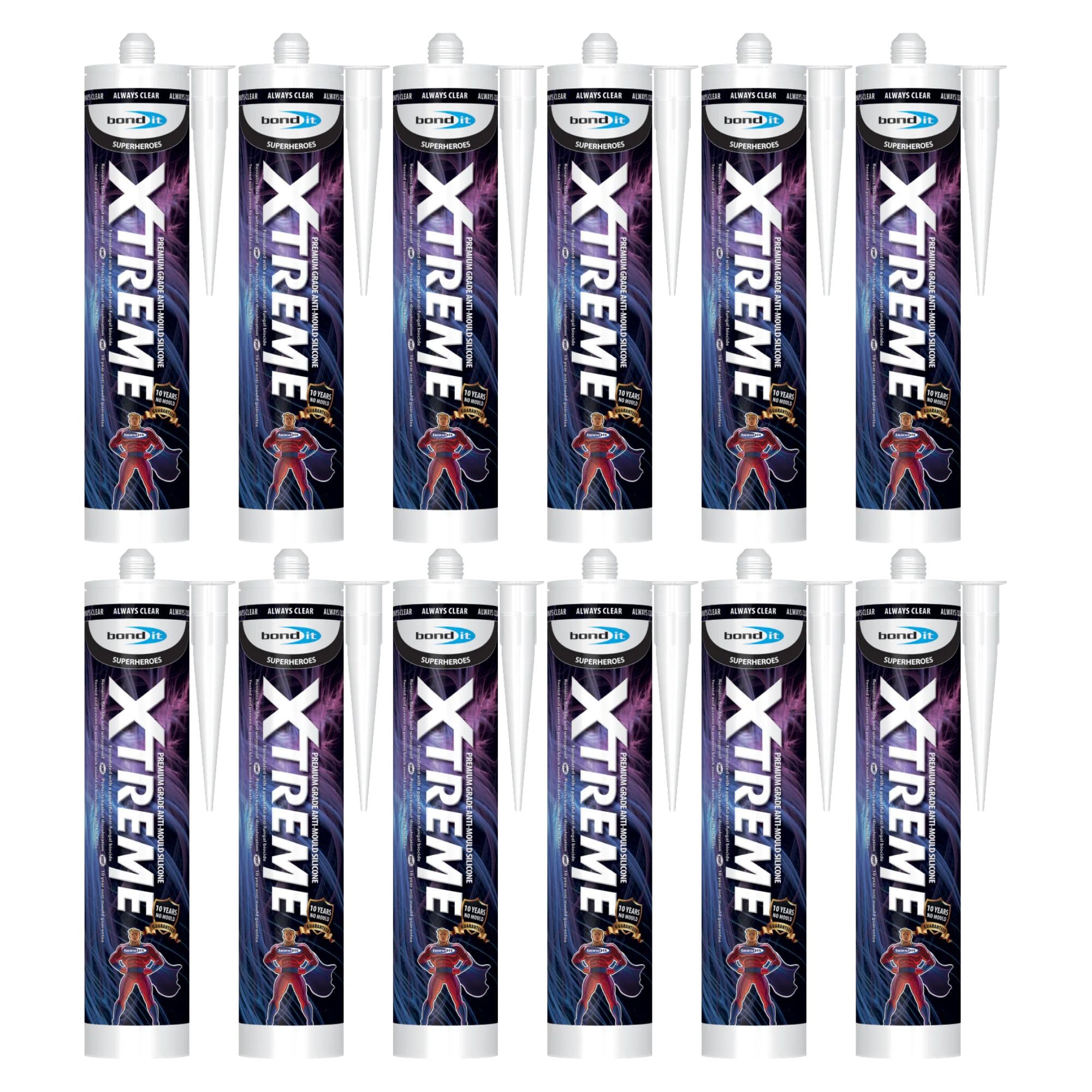 Bond It XTREME Anti-Mould Silicone Sealant – 12x Clear, 310ml | Waterproof – High-Performance Sealant – Strong Adhesion | Sanitary Sealant for Bathrooms – Kitchens & Wet Areas