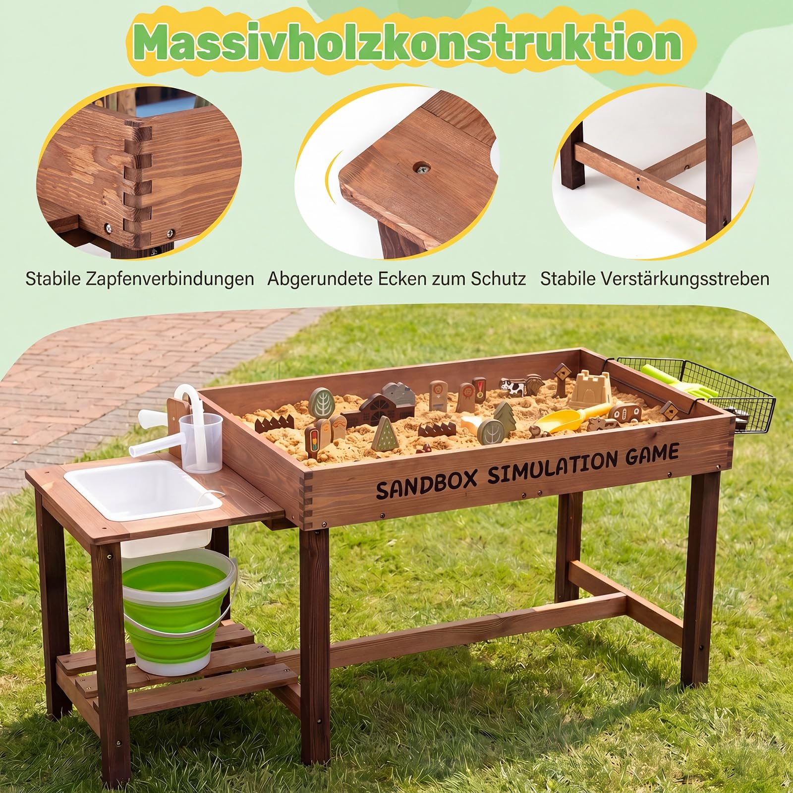 COSTWAY Outdoor Matschküche für Kinder, Wasserspieltisch mit Korb & Ablage | Sandkasten mit Wasserpumpe, Eimer, Zubehör & Sandschaufeln, Holz Sandbox für Kinder ab 3 Jahren, für Garten & Terrasse