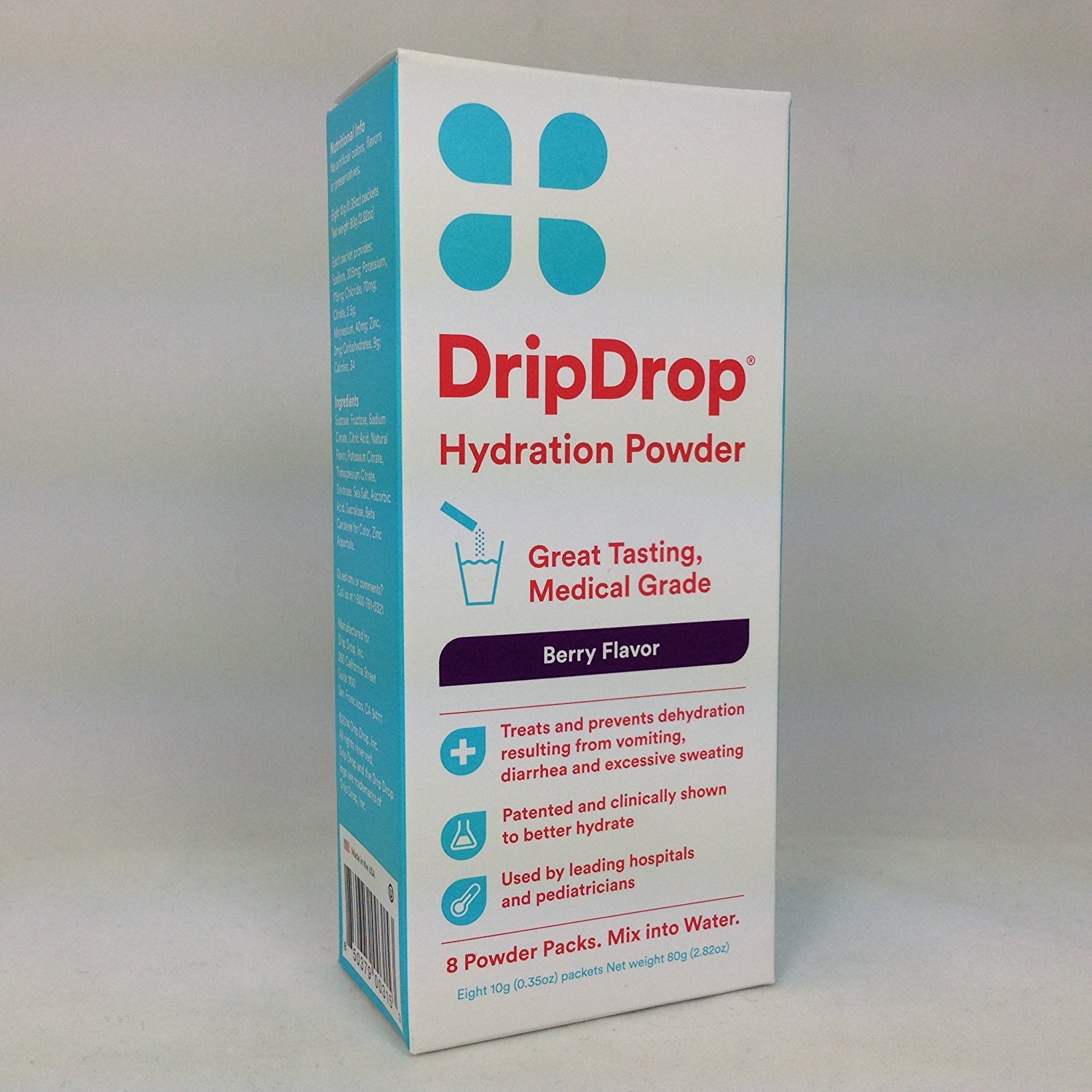 Drip Drop Hydration Powder Berry Flavor 8 Packets Per Box (4 Boxes)