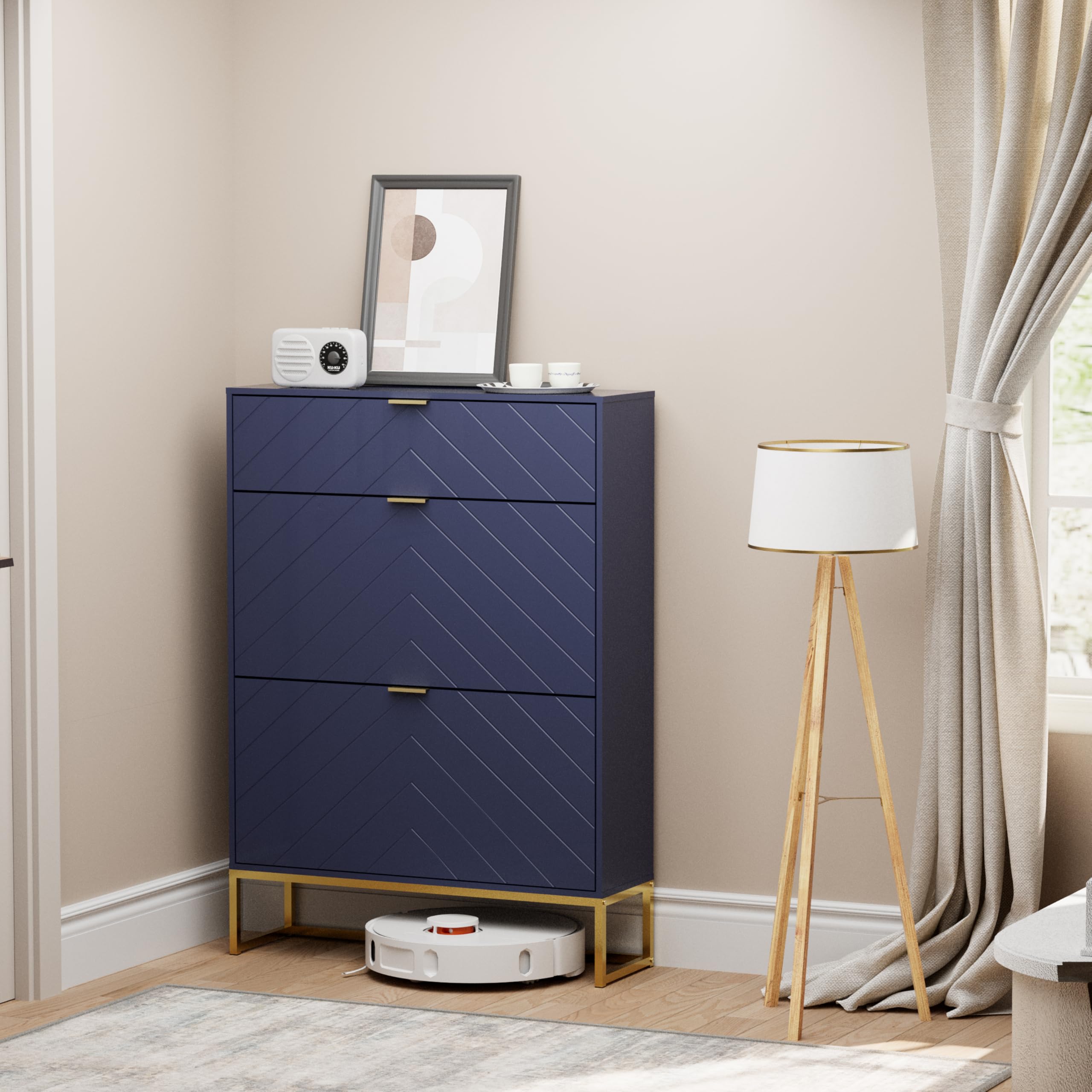 UEV Schuhschrank mit 3 Klappen schmal Schuhablage Schuhkommode Schuhregal Schuhkipper Platzsparend, mit Kippschutz/Trennwand verstellbar für Wohnzimmer Flur, 80x24x122cm, Blau