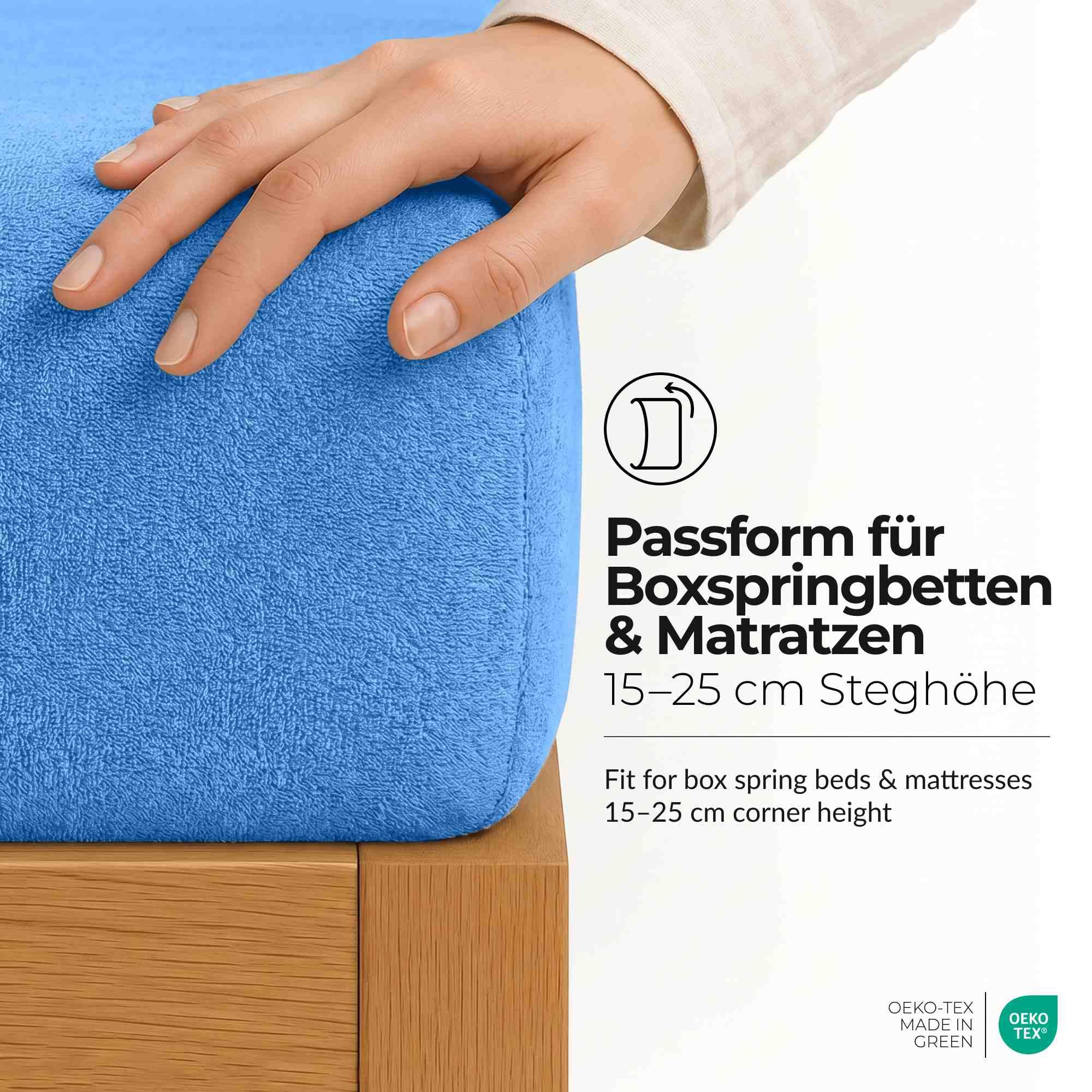 Lenzuolo con angoli spugna 140x200-160x200 cm Azzurro - etérea 80% cotone, elastico tutto intorno, altezza 15-25 cm, MADE IN GREEN by OEKO-TEX, lavabile a 60°C, per materassi e boxspring