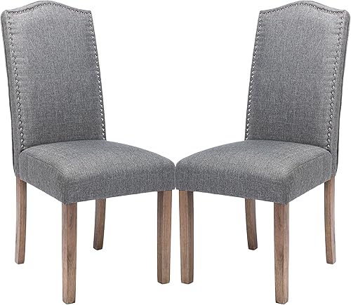 Miniatura 11 de Elegante silla de comedor tapizada Parsons con ribete plateado de cabeza de clavo y patas de madera maciza resistentes