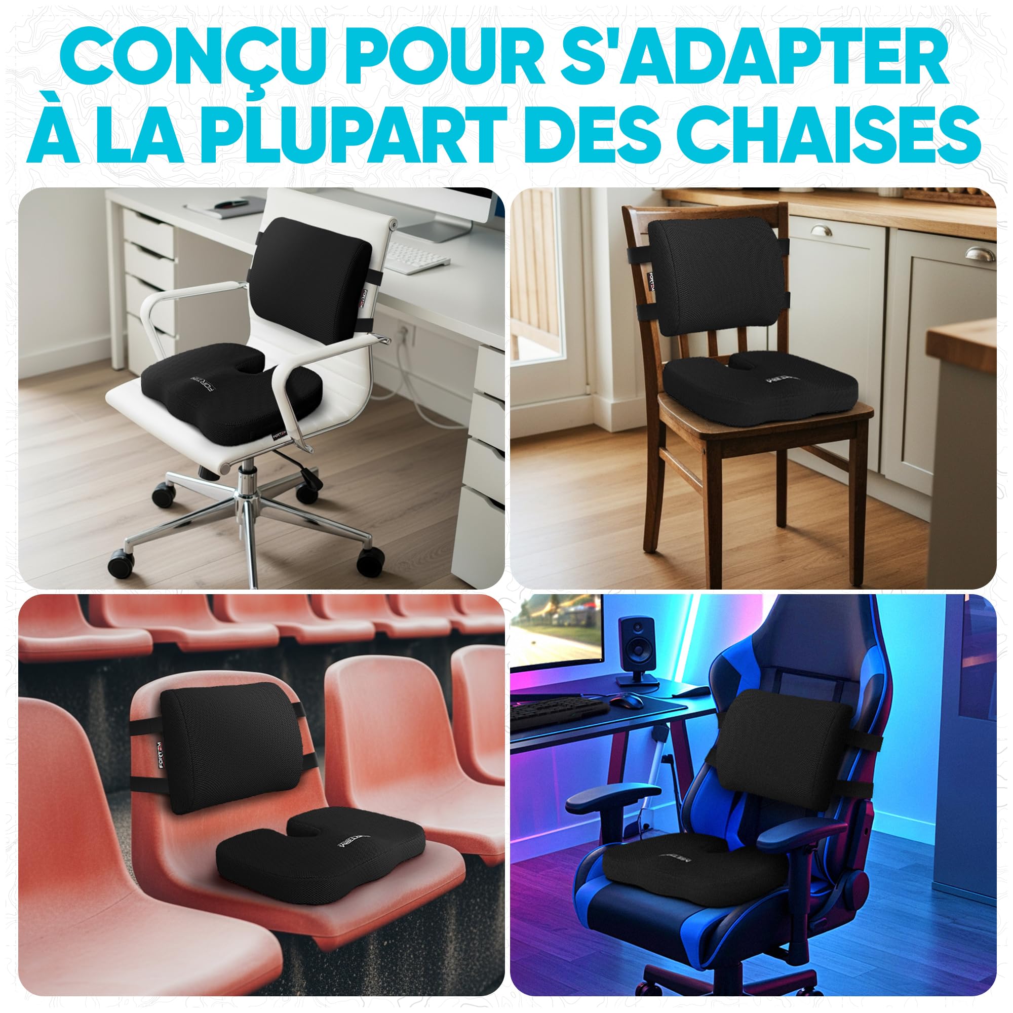 FORTEM Coussin Lombaire et d’Assise en Mousse à Mémoire de Forme, Antidérapant, pour Chaise de Bureau, Gaming et Siège Auto – Soutien Dos et Confort Prolongé