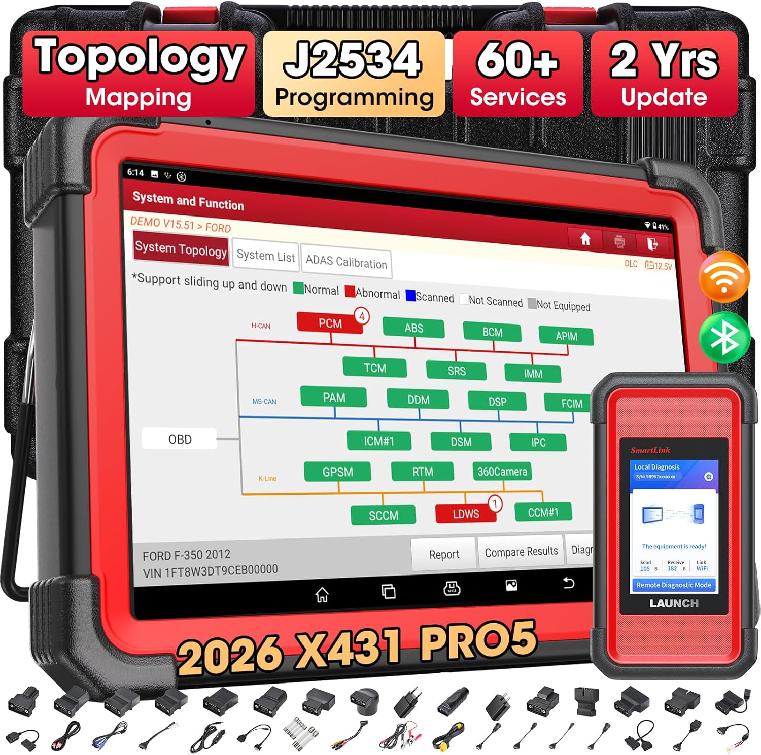 LAUNCH X431 PRO5 J2534 Protocol Bidirectional Scan Tool with SmartLink C V2.0, Car Diagnostic Scanner with Topology Mapping, 60+ Services, Intelligent Diagnostics, Guided Functions, 2-Year Free Update