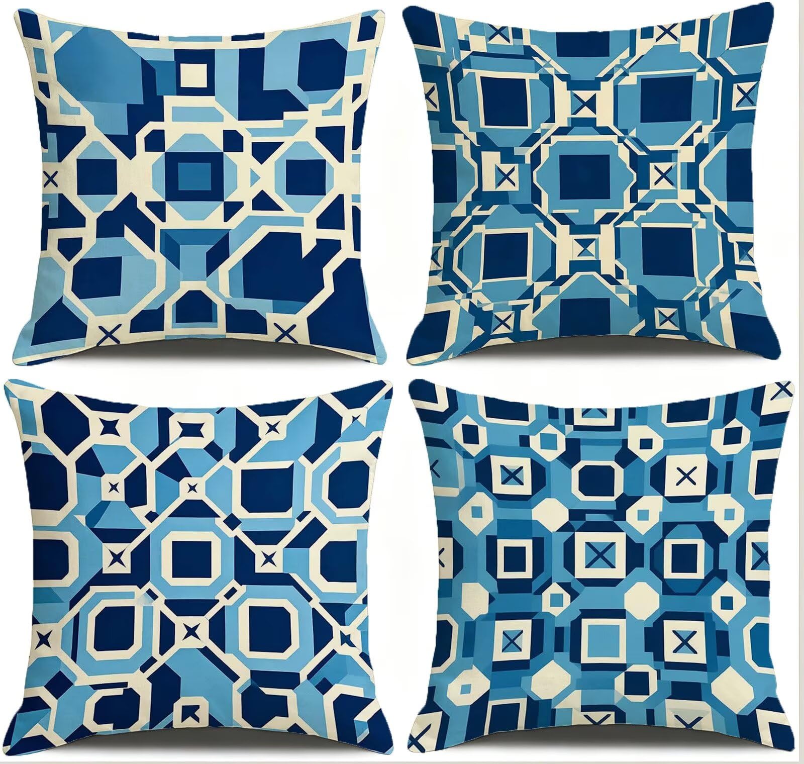 Blu Federe Cuscini Divano 50x50cm, Cuscini da Esterno Set de 4, Cod-103 | Velour Copricuscini Decorativi Letto Arredo, per Letto, Soggiorno, Giardino, Esterno, Casa Decorazione Set di 4 Geometria