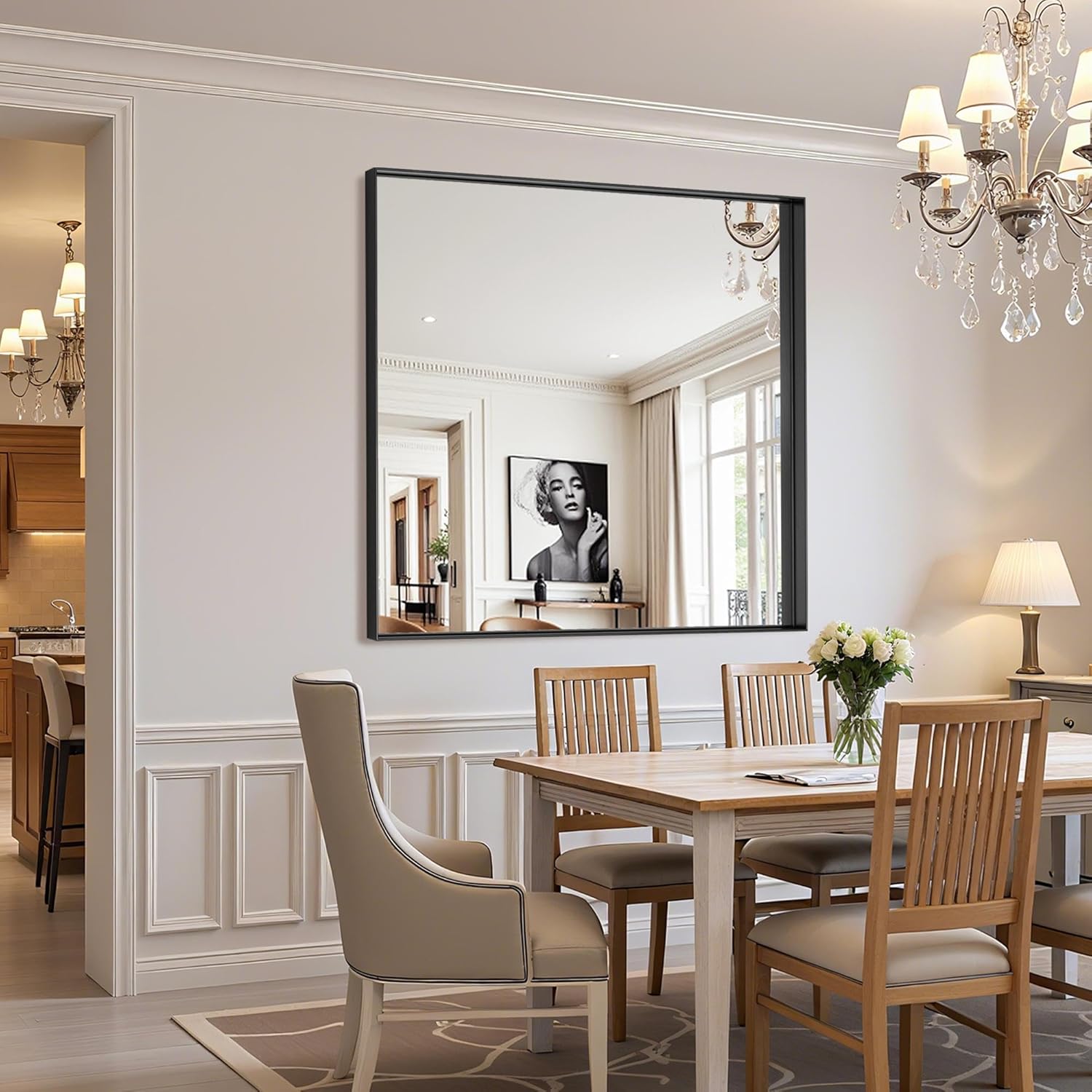 Black Bathroom Mirror 42x42 Inch, Rectangle Mirror with Metal Deep Frame, Wall Mirrors for Over Sink, Vanity, Bedroom, Bathroom, Hangs Horizontally or Vertically