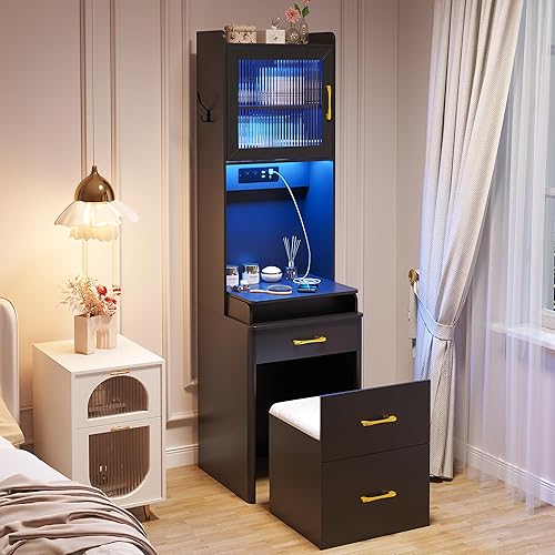 Miniatura 2 de WOOVIVS Escritorio de tocador con espejo abatible y luz, mesa de tocador de maquillaje con estación de carga, juego de tocador pequeño negro con