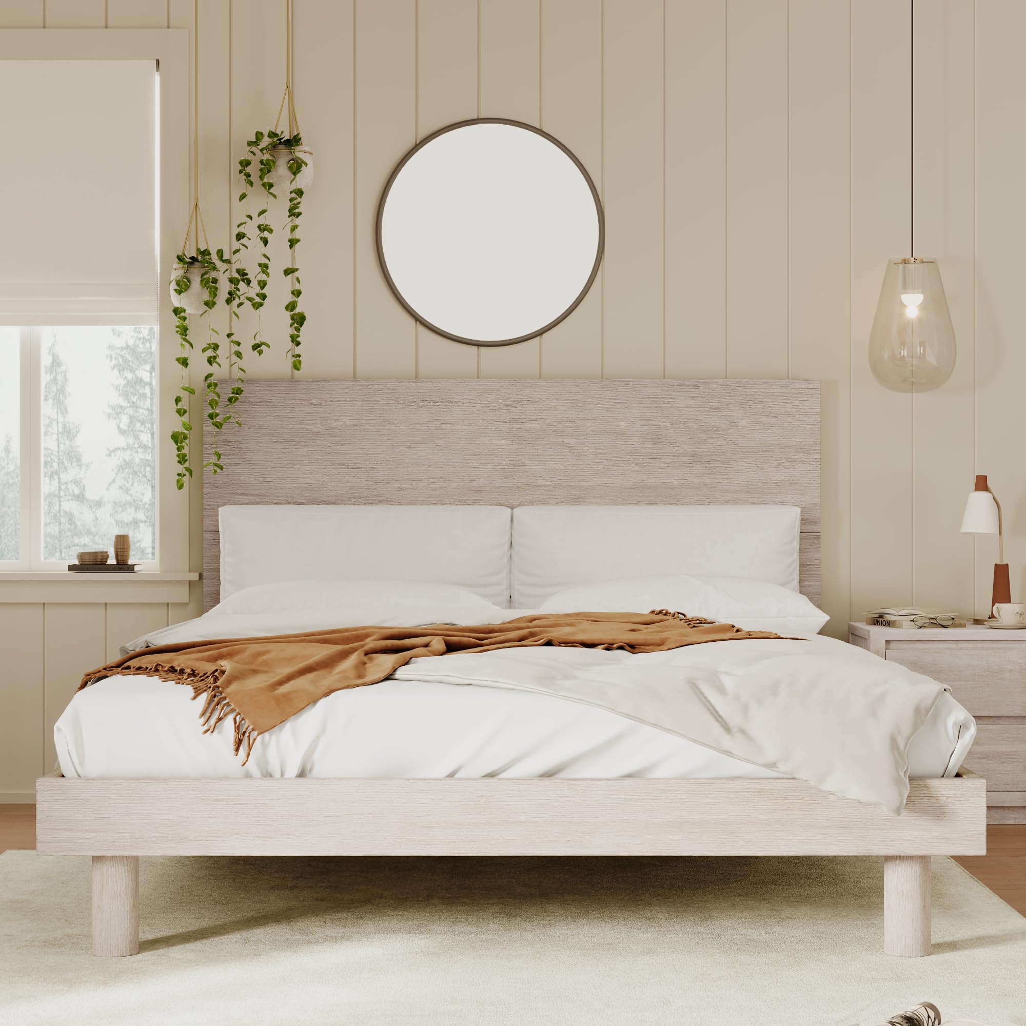 MERITLINE Modern Concise Style Queen Bed Frame with Headboard, Solid Wood Grain Platform Bed Queen Size with Slats Support, Noise-Free, No Box Spring Needed, Stone Gray