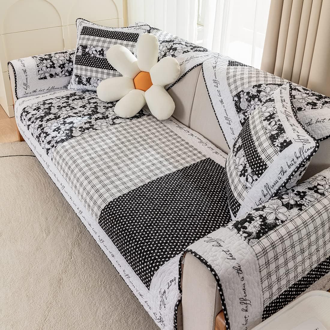 vctops Farmhouse Patchwork Sofa Cover Soft Cotton Couch Cover Non-Slip Quilted Sectional Couch Cover Living Room Washable Sofa Slipcover Furniture Protector for Kids, Dogs, Pets (Pattern C,28"x59")