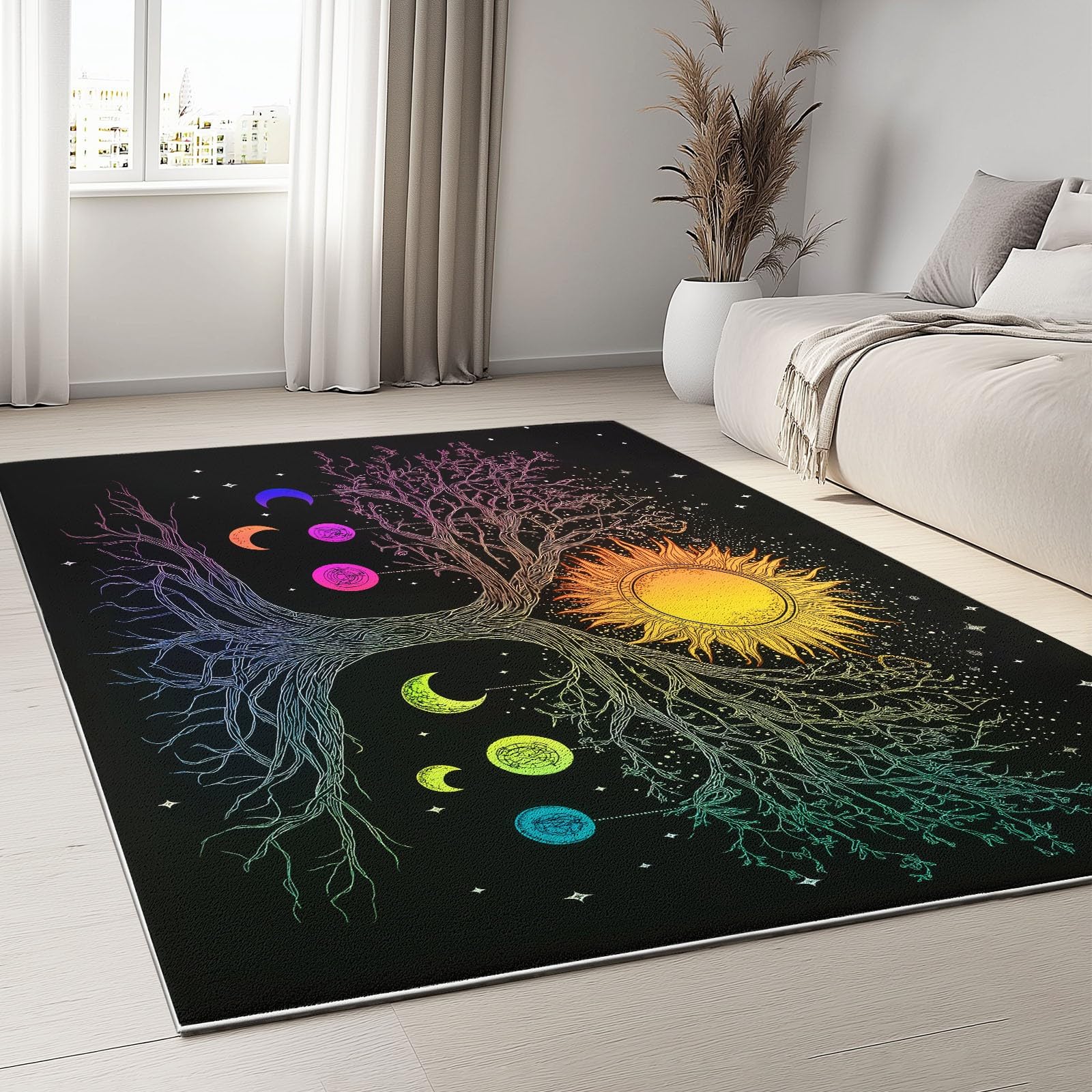 160 x 230 cm Dywan można prać w pralce, tajemnicze, gwiaździste niebo, rośliny, drzewa, bezpieczny antypoślizgowy dywanik flanelowy do pokoju dziecięcego, salonu i łazienki - łatwy do czyszczenia