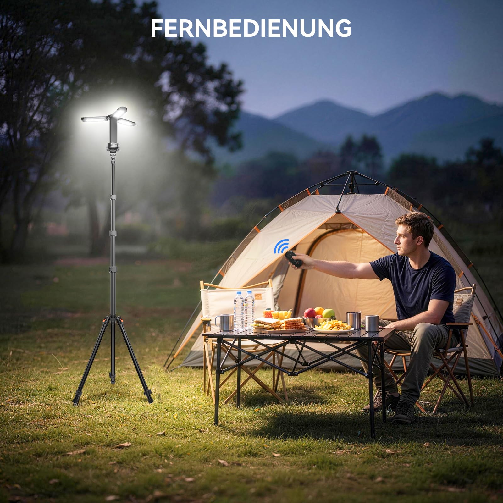 15000mAh Campinglampe Aufladbar mit Fernbedienung, 5000LM LED Baustrahler Akku Dimmbar, 5 Modi, 2,08m Teleskopstativ, LED Arbeitsleuchte Akku Strahler mit Tragetasche für Camping Baustelle Notfälle