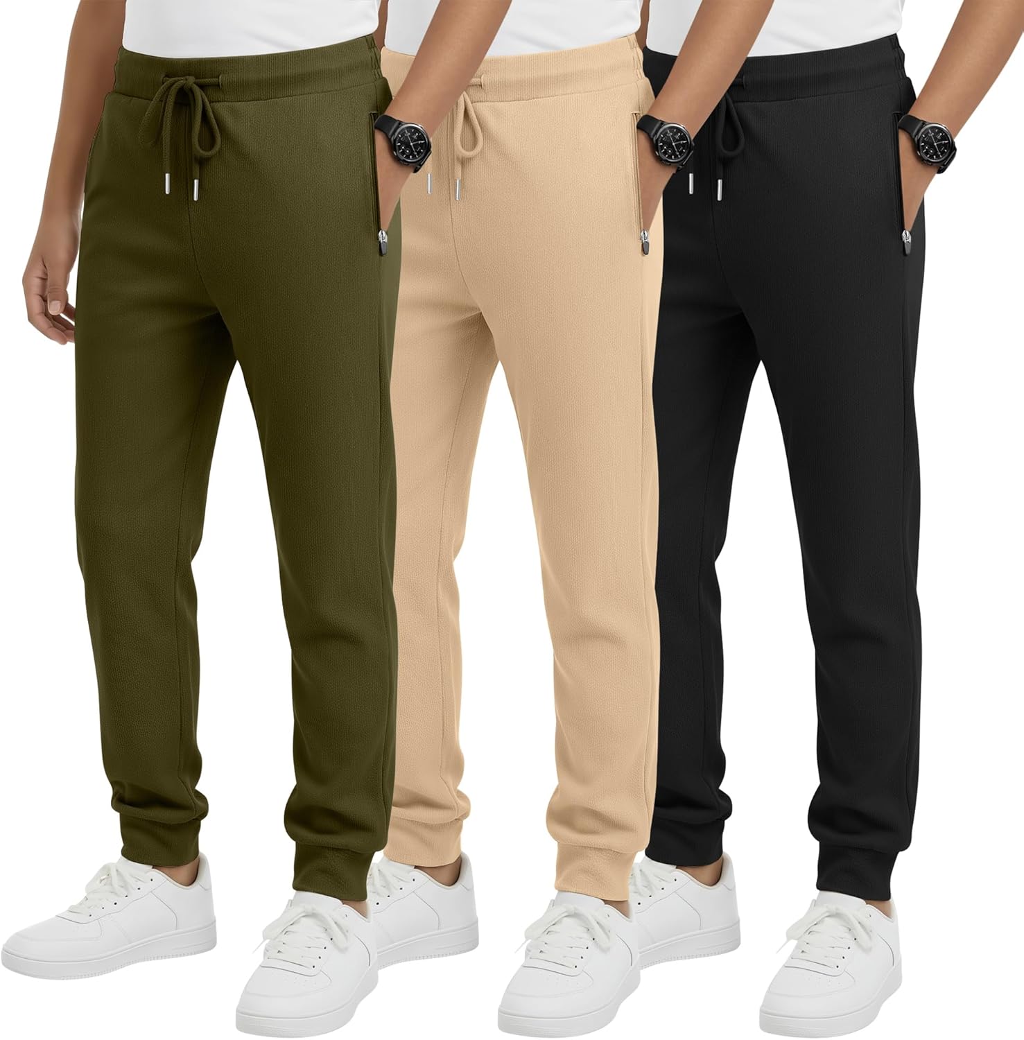 3 Pack Boys' Sweatpants Drawstring Athletic Workout Jogger Kids Youth Elastic Waist Active Pants with Zipper Pocket