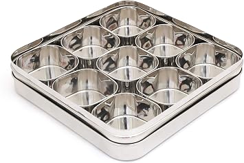 coconut Stainless Steel Square Masala Box/Spice Container/SS Lid Masala Box with 9 Bowls - Diamater - 9.7 Inches, Capacity - 180 ML Each Containers