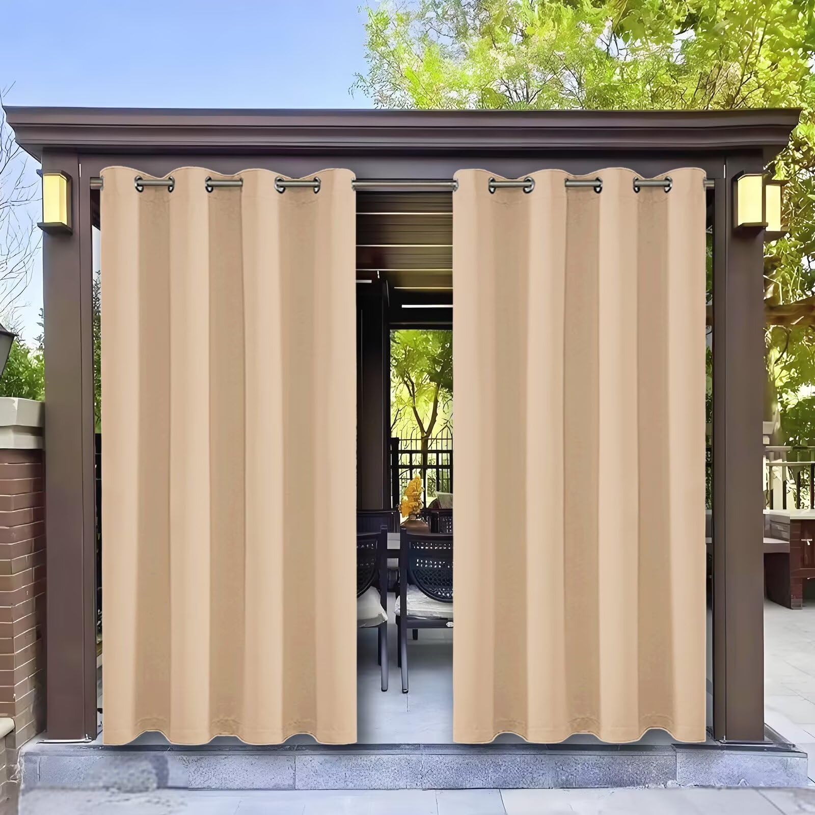 Rideaux Extérieur Terrasse Protection Anti-UV Opaque Elégant Isolants Thermiques Rideau Résistant à La Décoloration pour Jardin Balcon Cour Plage Terrasse Patio 335L X 215H cm (1 Panneaux) Beige