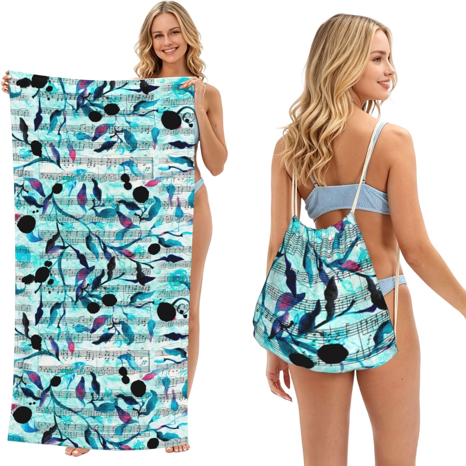 Poadnly As Picture Watercolour Music Branches Leaves, 2 In 1 Packable Towel Bag, Beach Towels With Drawstring Backpack For Travel Holiday Camping