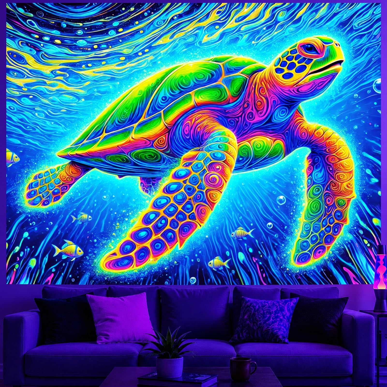 BlissYard Blacklight Tapestry Sea Turtle Glow Backdrop 78 x 59 Inch