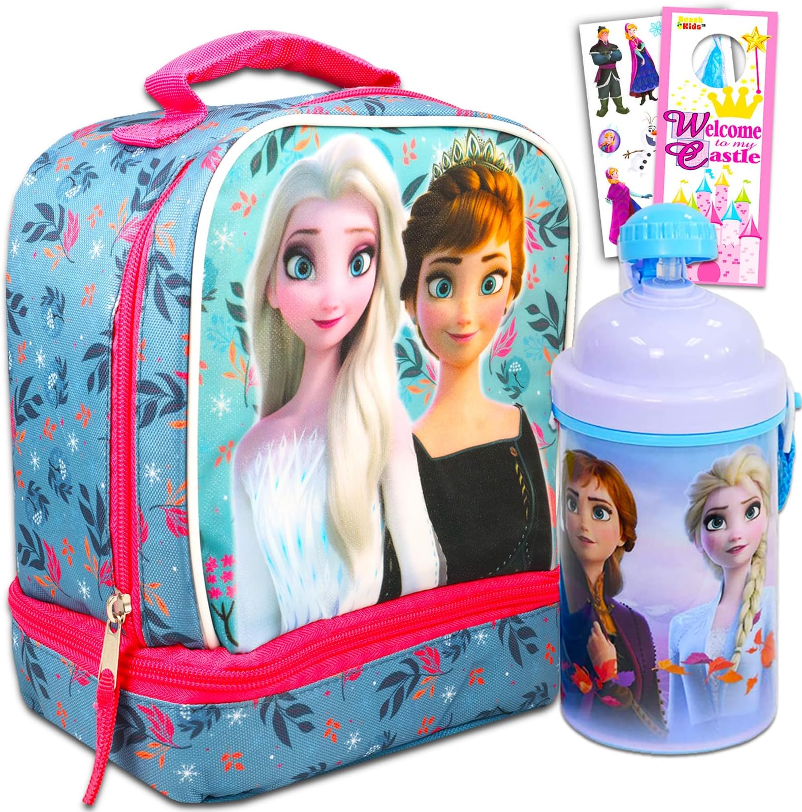 Frozen Anna And Elsa Lunch Bag Set For Toddlers, Kids - 4 Pc Bundle with Insulated Lunch Box, Stickers And Door Hanger (Frozen School Supplies)