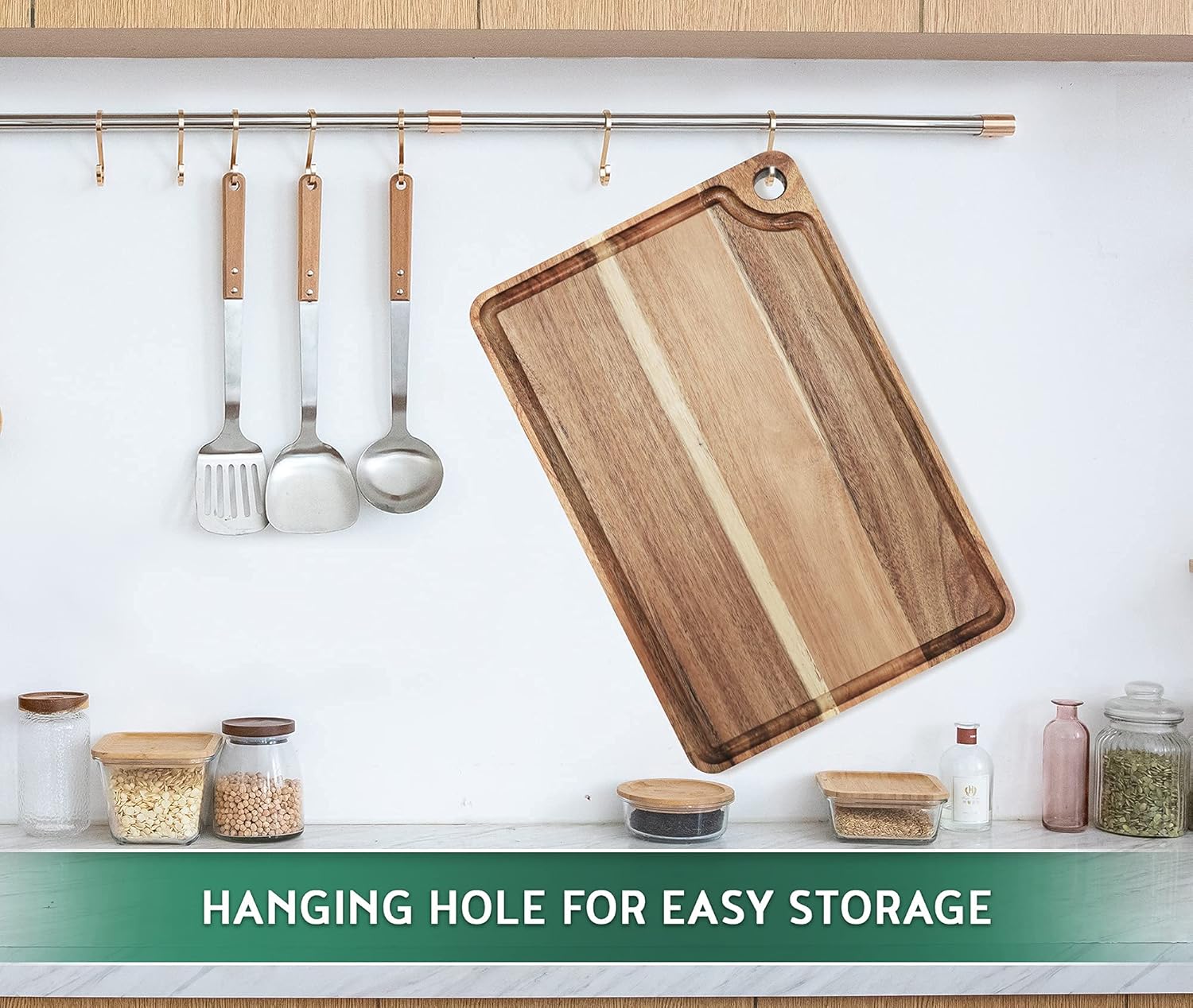 AZRHOM Large Acacia Wood Cutting Board for Kitchen, Butcher Block for Meat and Cheese, Chopping Board with Hanging Hole and Groove 18x12 Inch - Image 5