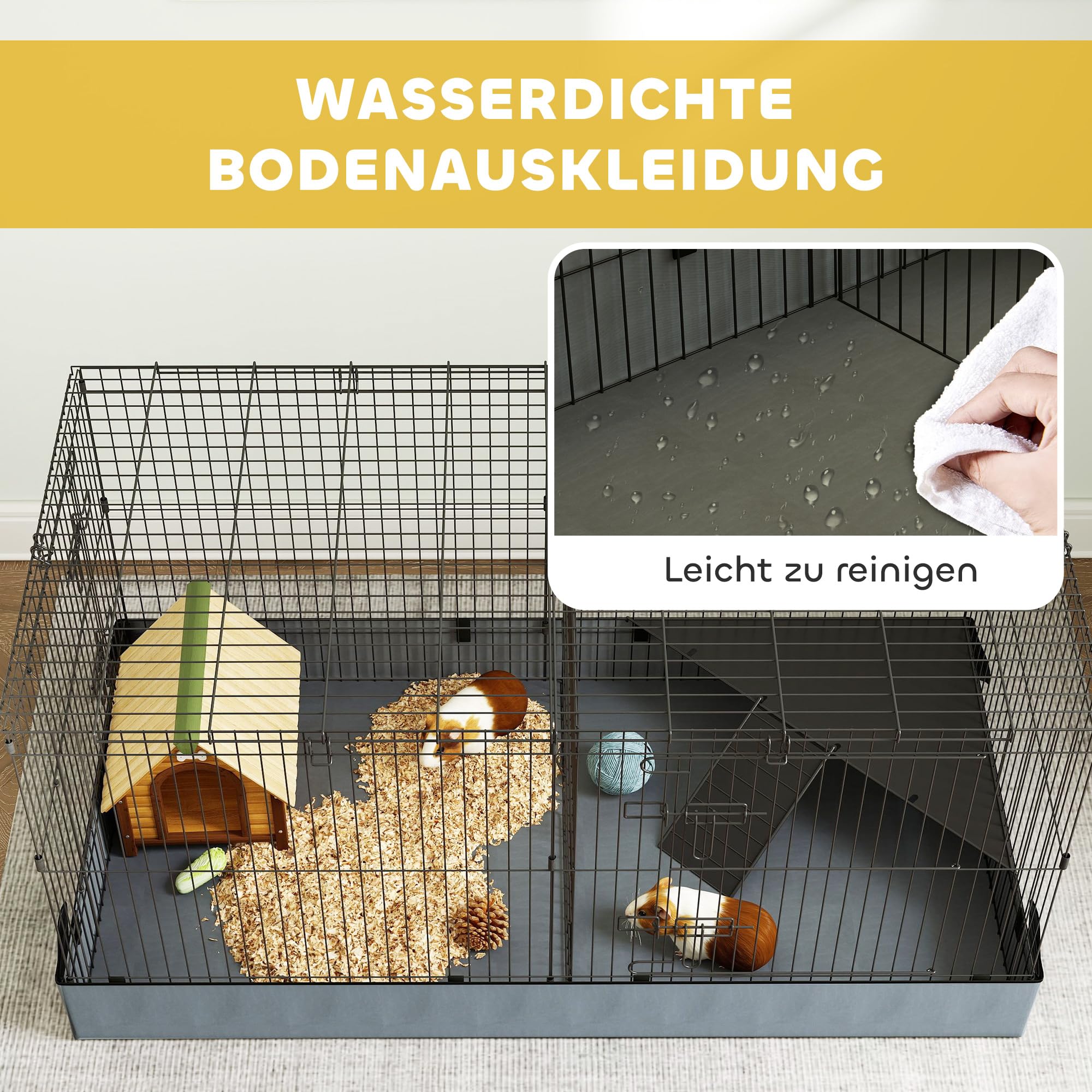 PawHut Kleintierkäfig, Nagerkäfig mit Rampe, Trennwand, Kaninchenkäfig mit abnehmbarem Verdeck, Stoffboden, Meerschweinchenkäfig für Kleintiere, Stahl, Schwarz | Nagerkäfig, Kaninchenkäfig mit Abnehmbarem Verdeck, Stoffboden, Meerschweinchenkäfig