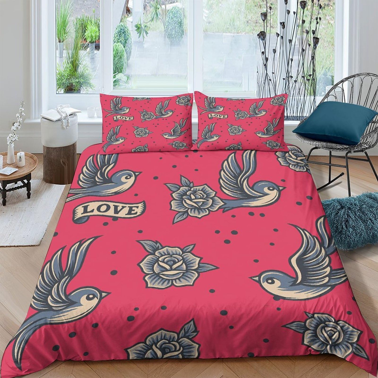 Ctjqhvkz Style-3 3D Printed Love Tattoo Swallow Fitted Sheet Microfiber Soft Red Rose Bed Cover For Bedroom Guest Room Decor Single（135X200cm）