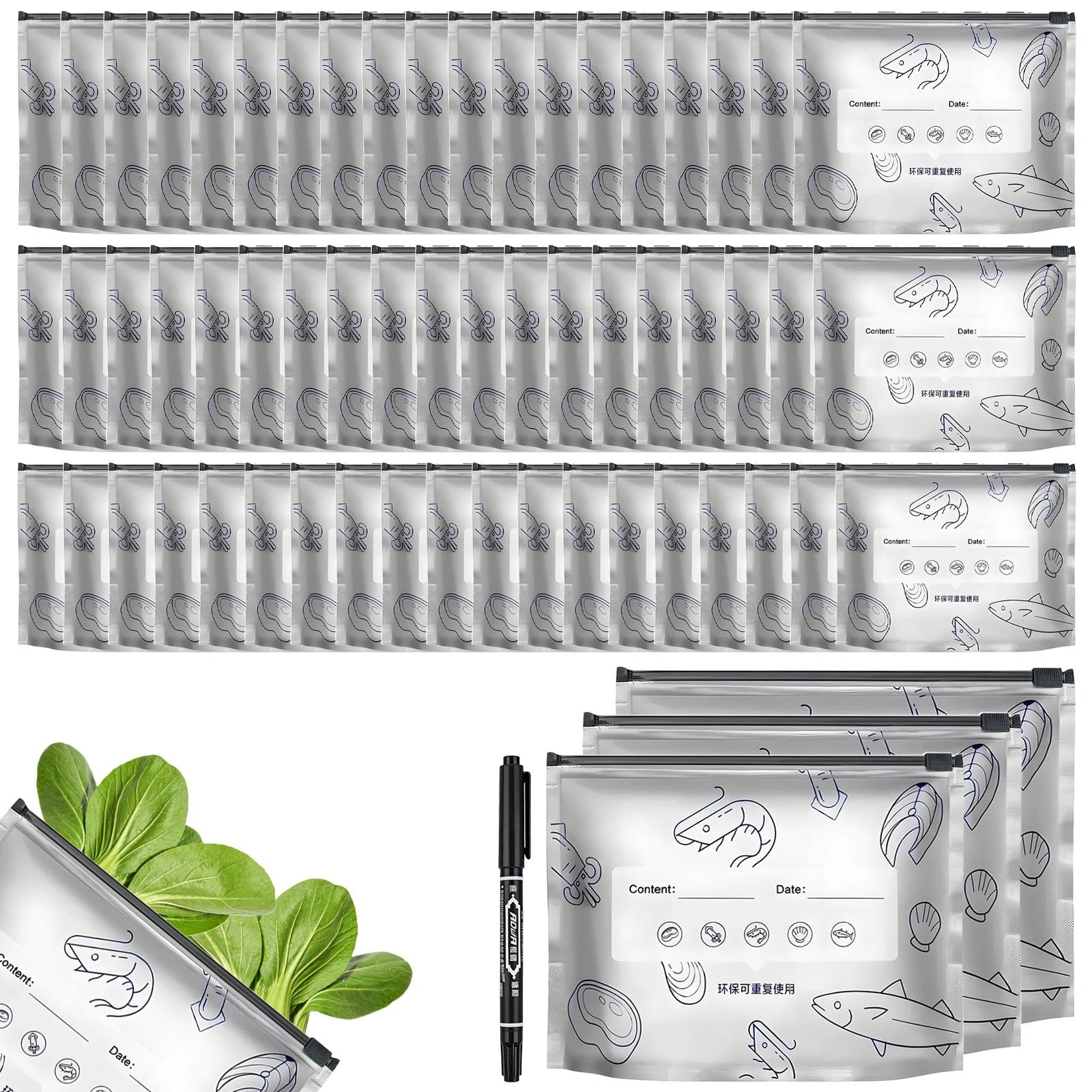 60 Pcs Reusable Aluminum Foil Storage Bags, 3 Sizes Stand Up Sealable Mylar Freezer Bags with Pen, Airtight Washable Food Bag for Fruit Vegetable Meat Freezing, Heating and Picnic Storage