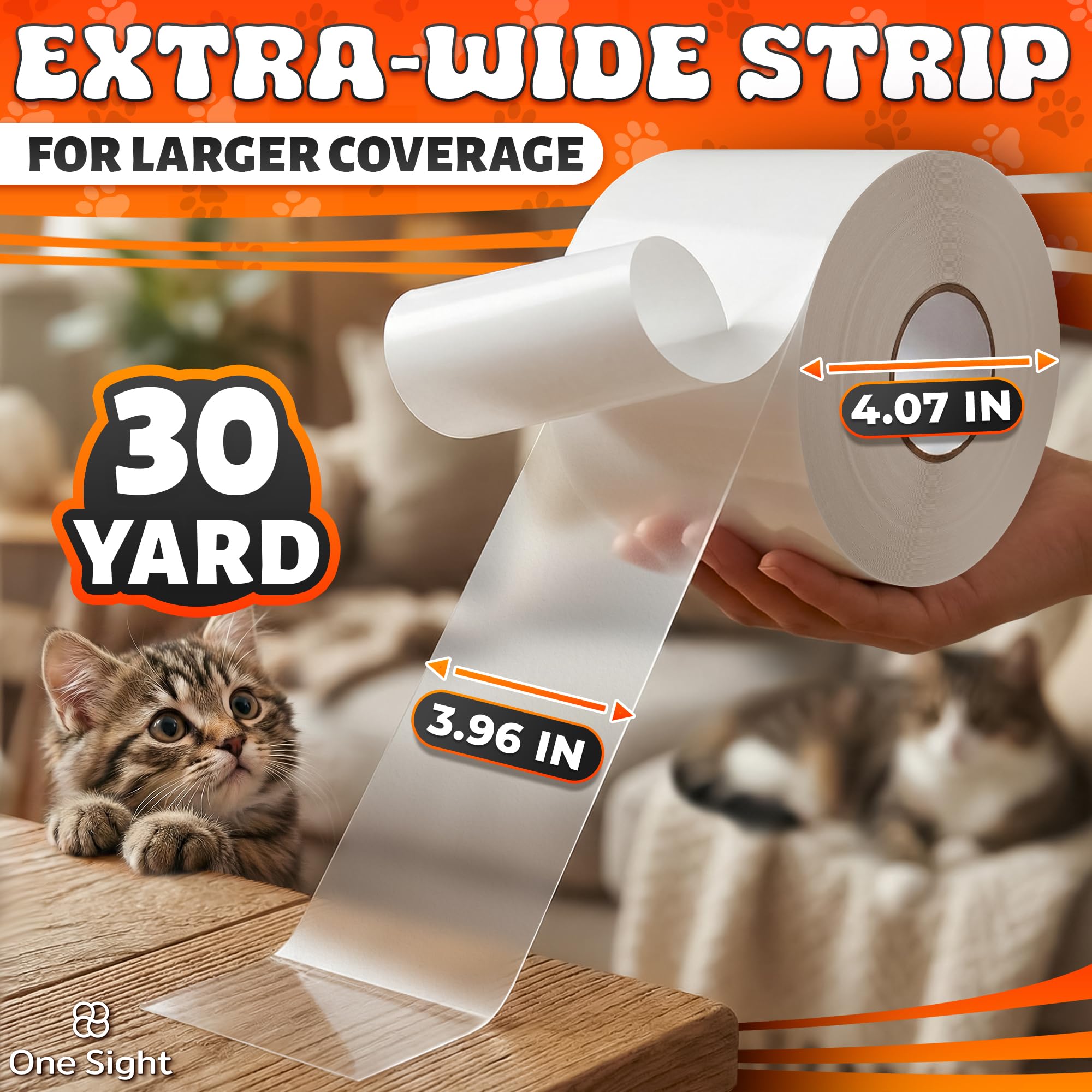 One Sight Cinta disuasoria de Entrenamiento Anti arañazos para Gatos, 4 Pulgadas x 30 Yardas, Protector Transparente de Doble Cara para Muebles de Gatos, Protector de Muebles para Gatos, Cinta