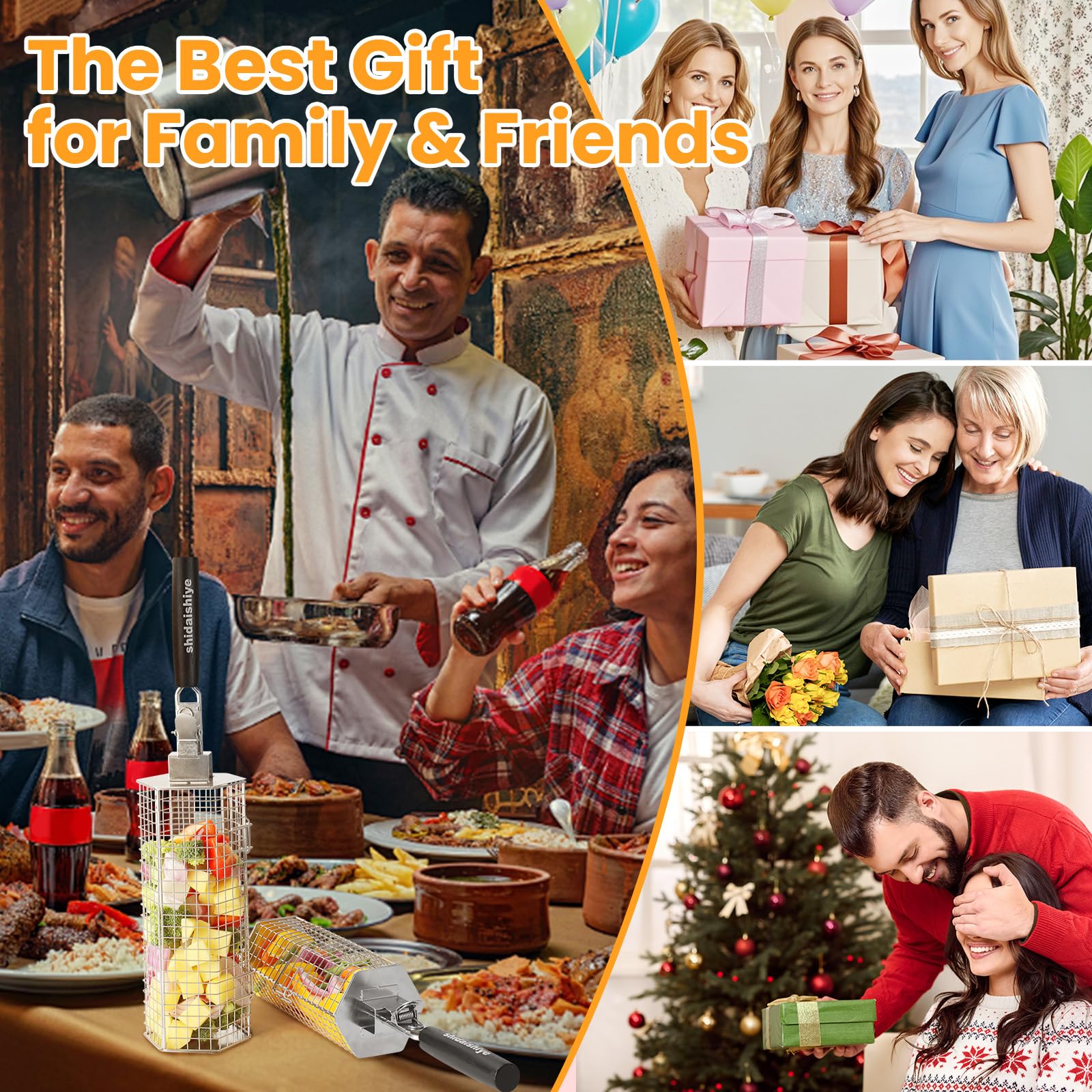Rollendes Grillkorb Set,Grill Zubehör mit Abnehmbarem Holzgriff,Edelstahl-Nesting-Grillnetz, Outdoor Küche Grill Zubehör für Gemüse, Fleisch und Meeresfrüchte am Außengril, Geschenke für Männer(2 PCS)