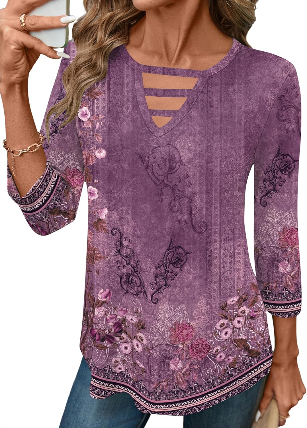 LOMON Women's 3/4 Length Sleeve Tops Crew Neck Hollow Out T Shirts Fashion Casual Tops for Women 2026