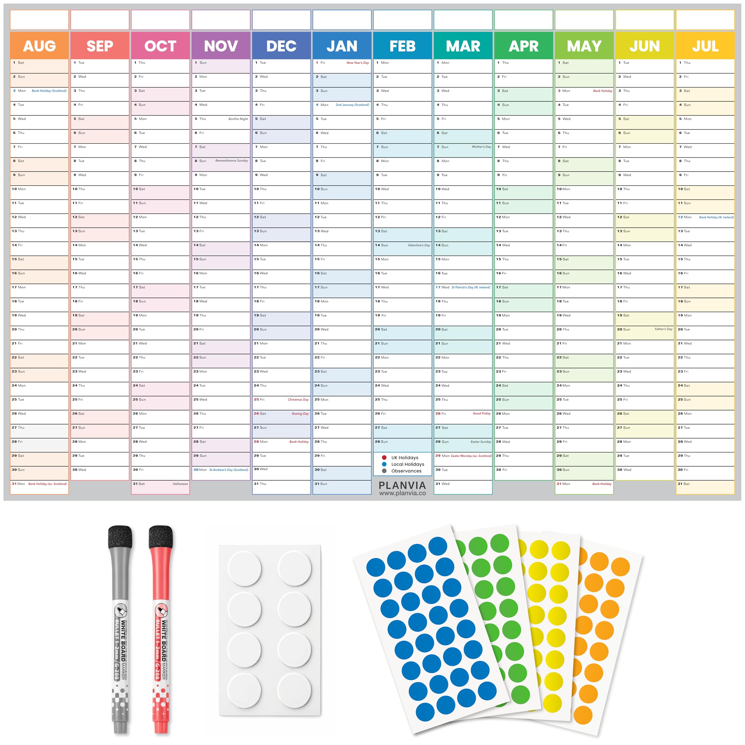 Academic Year Wall Planner 2026-2027 Large A1 UK Calendar 87 x 58cm Laminated Erasable Yearly Wall Chart for Home Classroom & Office Includes Dry Wipe Pens Adhesive Pads & Coloured Stickers by Planvia