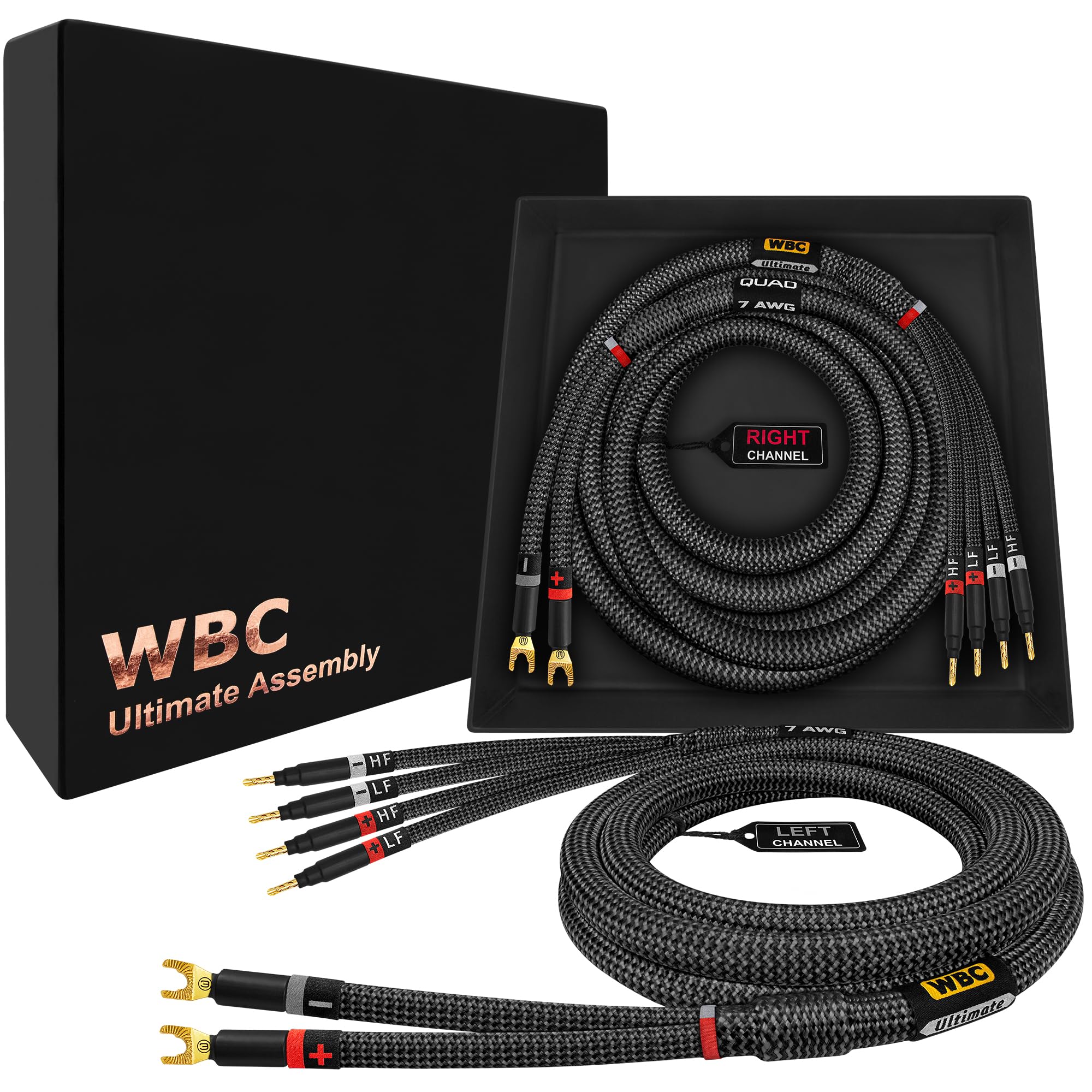 WORLDS BEST CABLES 12 Foot Ultimate - 7 AWG - Ultra-Pure OFC – Extra Premium Audiophile HiFi Bi-Wire Speaker Cable Pair with Eminence Gold Spade (x2) & Banana (x4) Plugs & Carbon Tweed Jacket