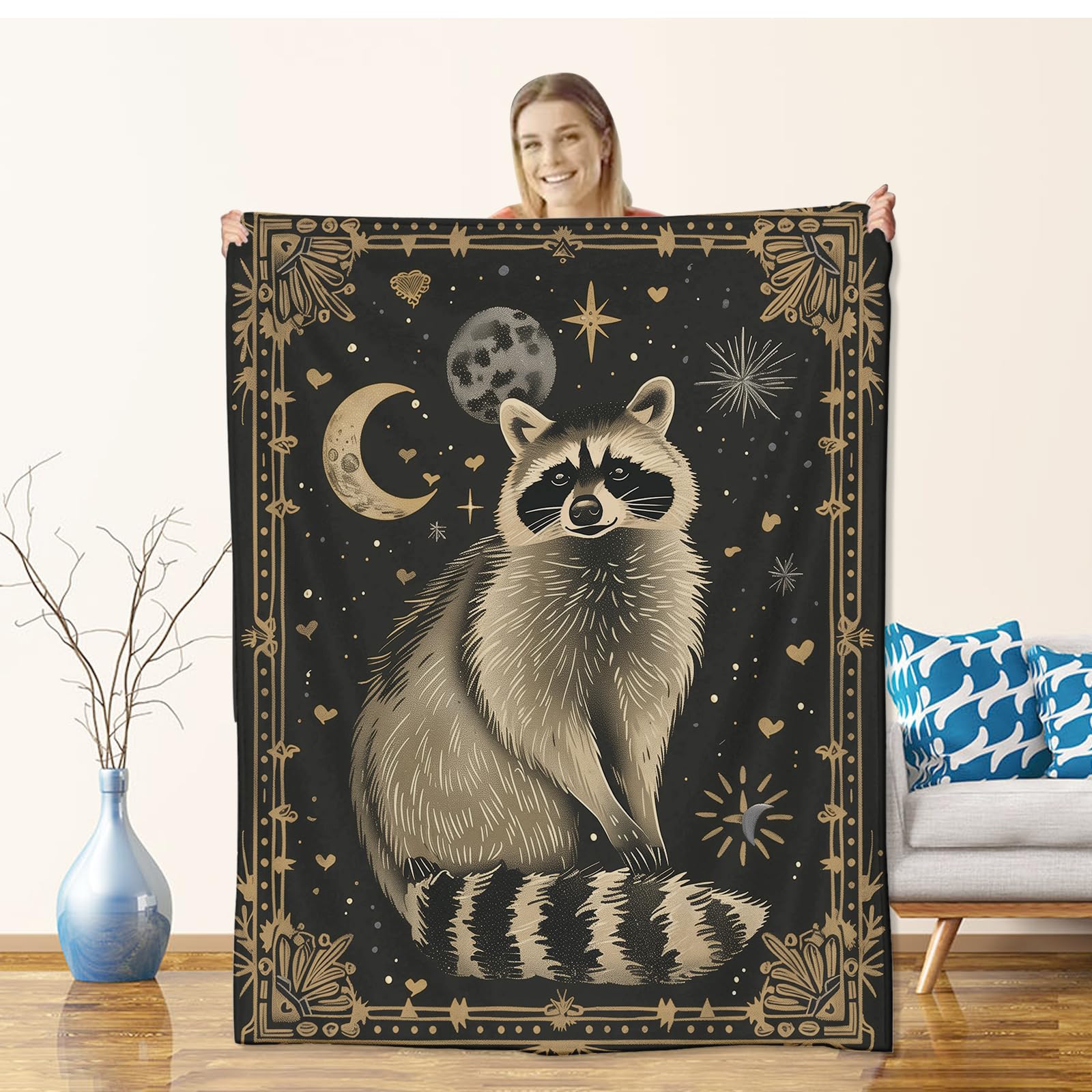 Raccoon Blanket for Kids Adults Women, Flannel Raccoon Blankets Gifts, Tarot Card Raccoon Throw Blanket for Sofa Couch Bed Living Room Soft Warm Cozy Raccoon Decor 50" x 40"